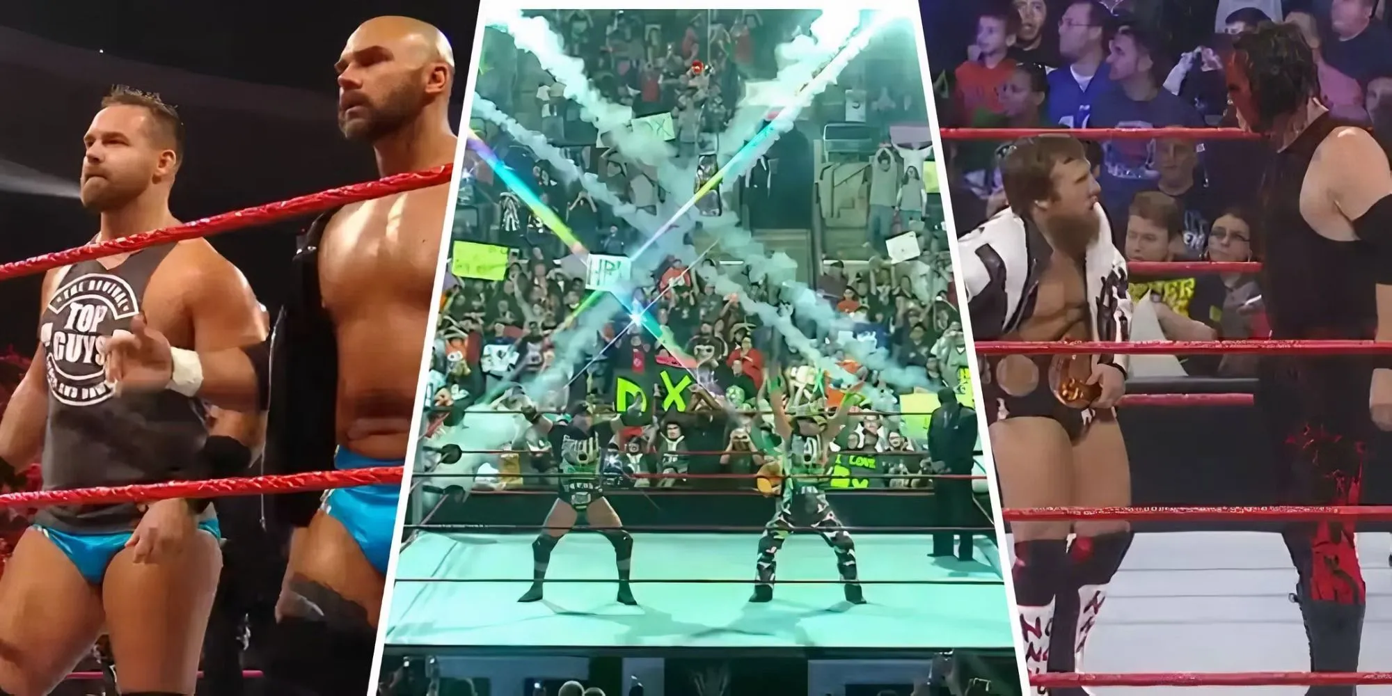 Hình ảnh chia đôi các cặp đấu vật biểu tượng của WWE: The Revival, D-Generation X và Team Hell No.