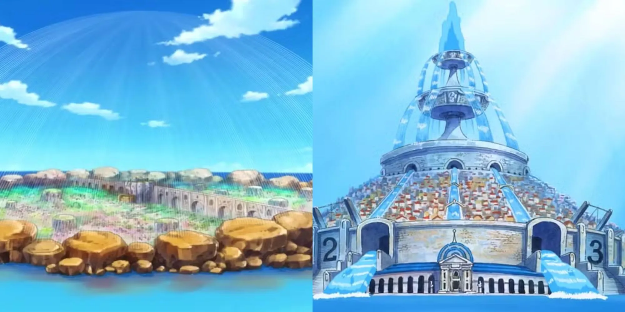Hình ảnh đặc trưng về thế giới One Piece với nhiều địa điểm bí ẩn