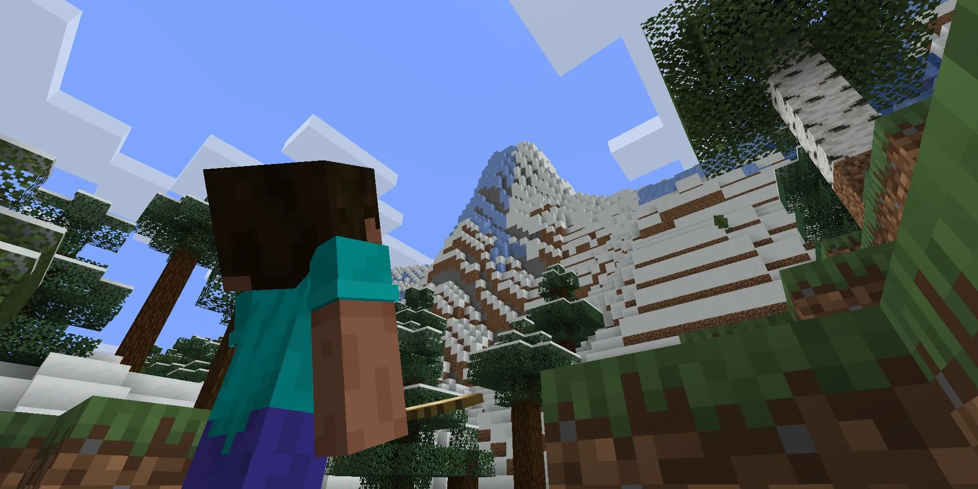 Hình ảnh Minecraft, với Steve nhìn lên vách đá lớn.
