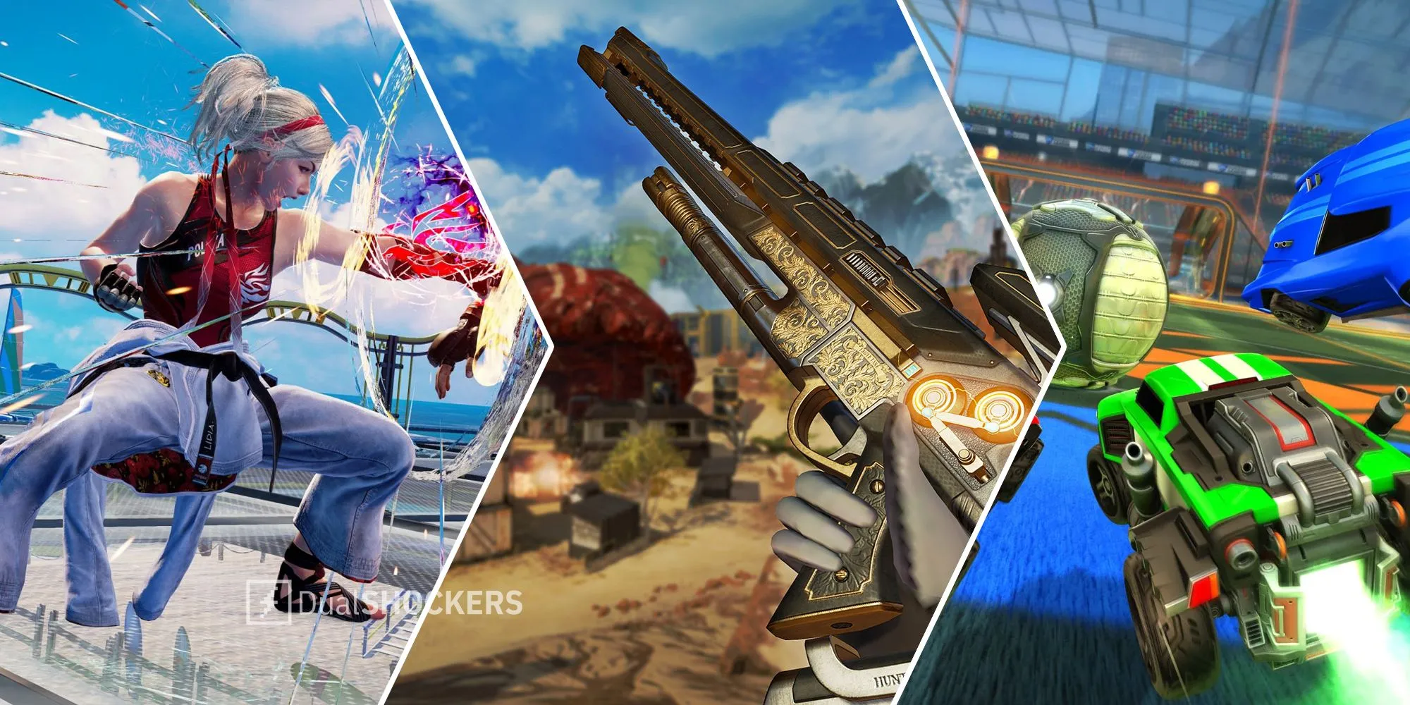 Hình ảnh so sánh gameplay của Tekken 7, Apex Legends và Rocket League