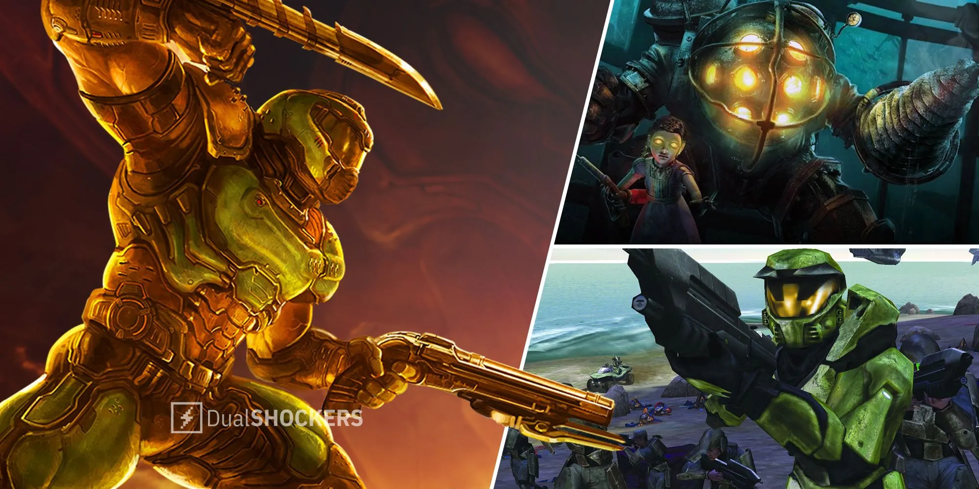 Hình ảnh tập hợp các game khoa học viễn tưởng nổi bật: Doom Eternal bên trái, Bioshock trên cùng bên phải, Halo Combat Evolved dưới cùng bên phải