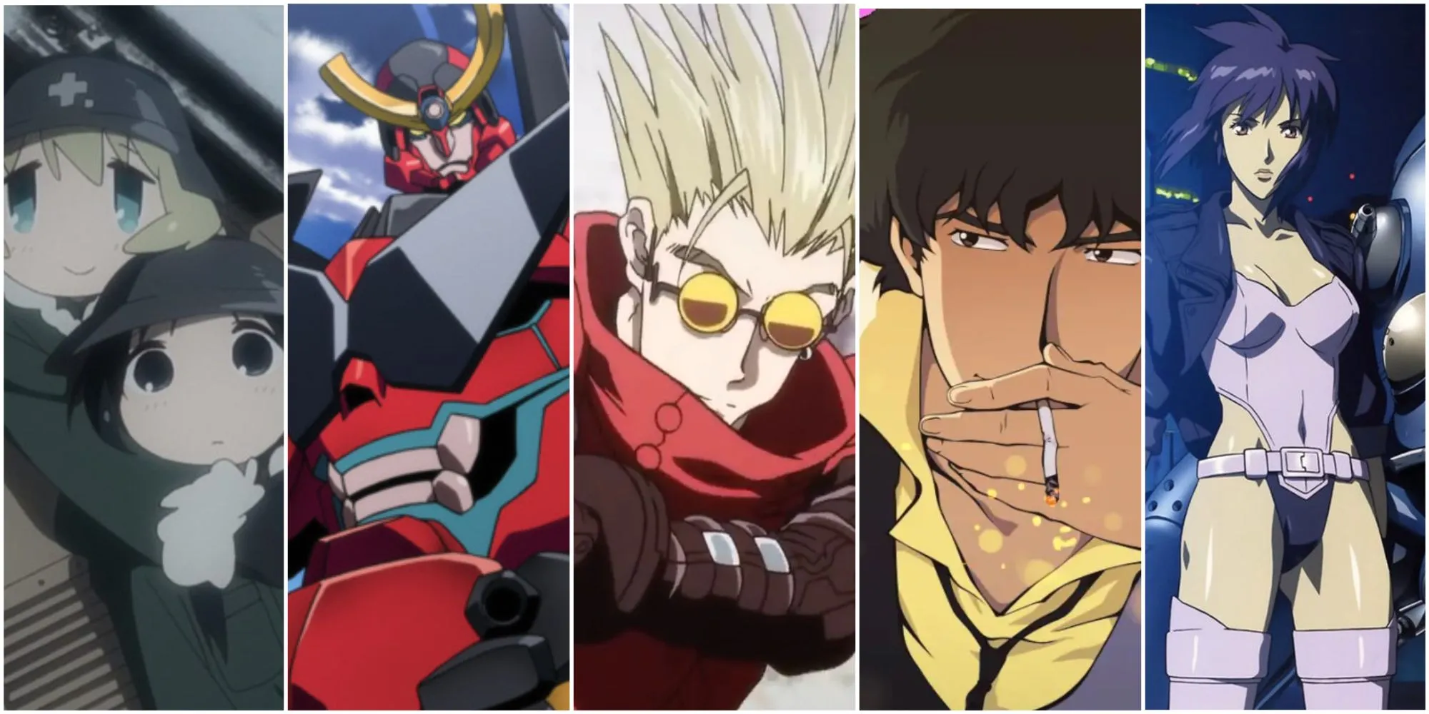 Hình ảnh tổng hợp các bộ anime tương tự Lazarus như Ghost in the Shell, Cowboy Bebop, Samurai Champloo