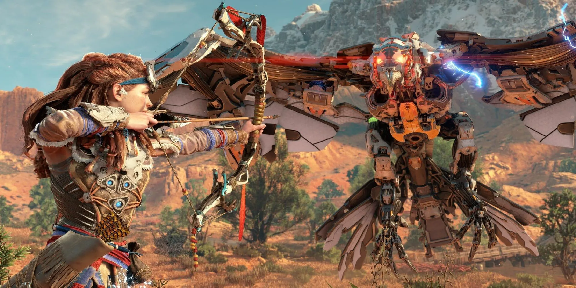 Horizon Zero Dawn Aloy fighting a thunderbird