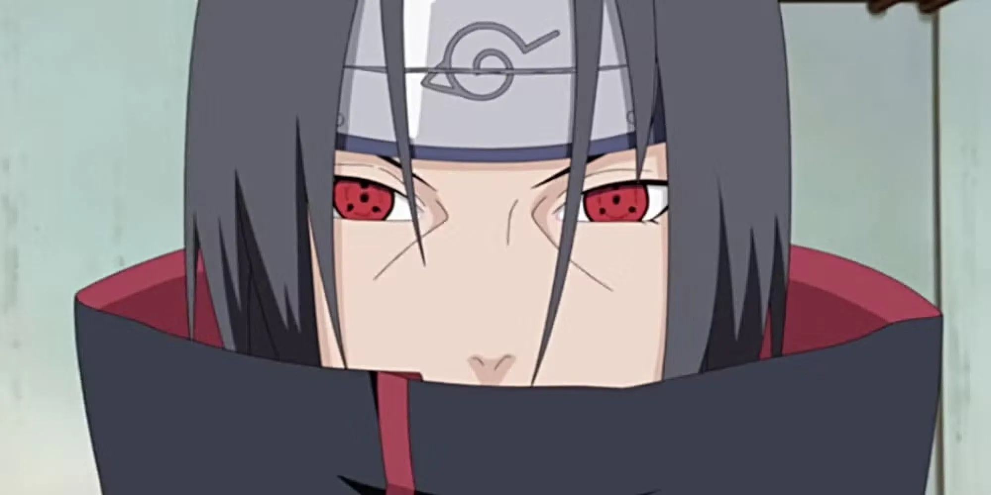 Itachi Uchiha từ series Naruto với ánh mắt Mangekyo Sharingan và vẻ mặt điềm tĩnh