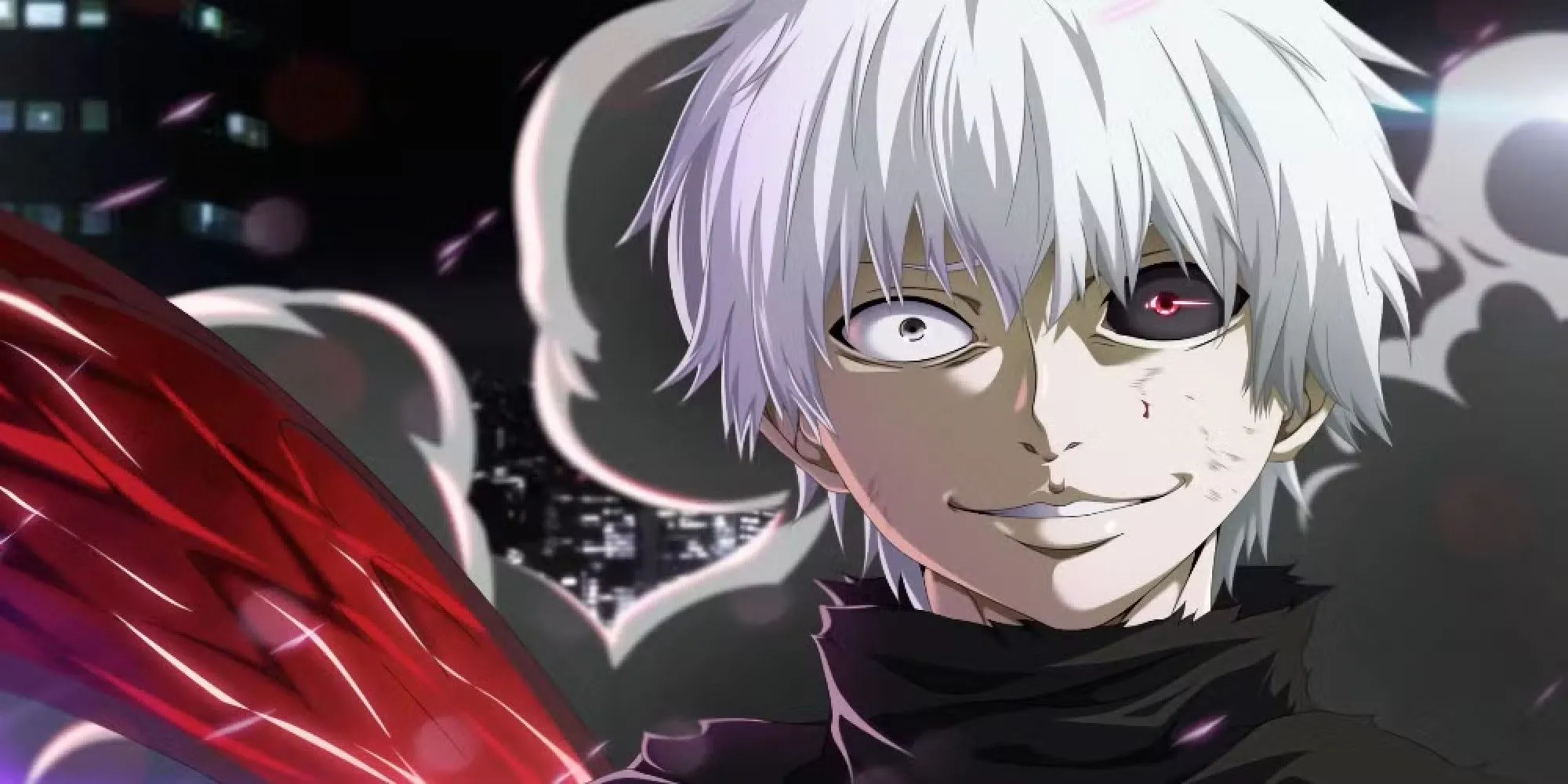 Kaneki từ Tokyo Ghoul với mái tóc trắng và ánh mắt ghê rợn sau khi bị tra tấn