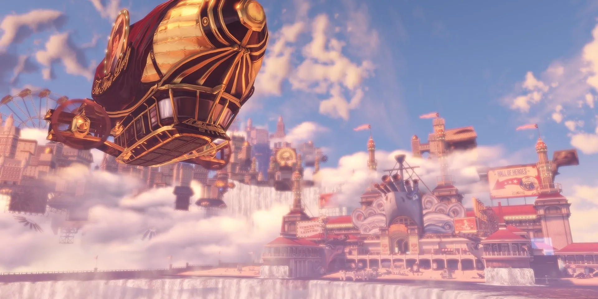 Khung cảnh Battleship Bay tuyệt đẹp trên thành phố bay Columbia trong BioShock Infinite
