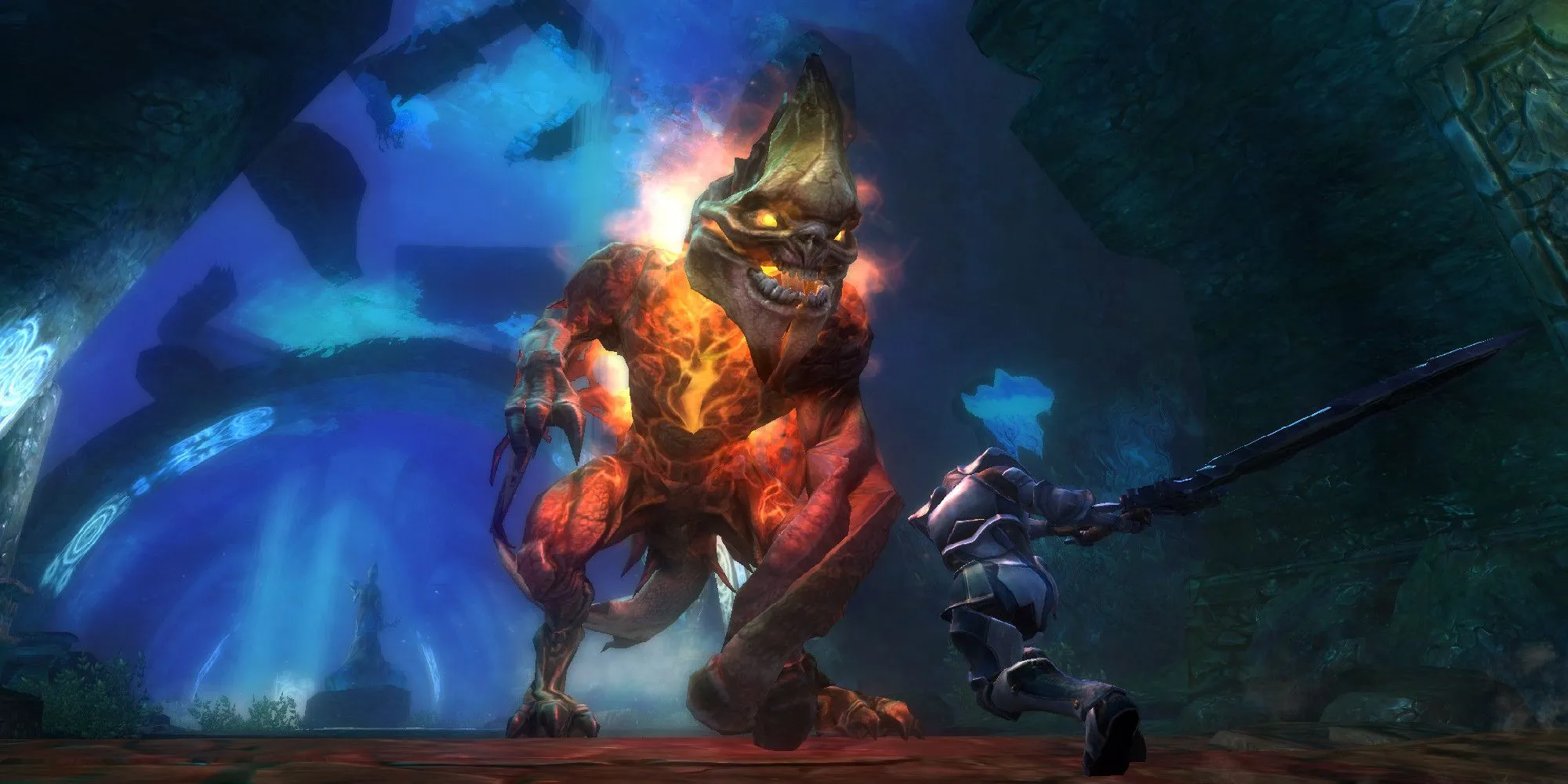 Kingdoms of Amalur Reckoning running up to a flaming monster
