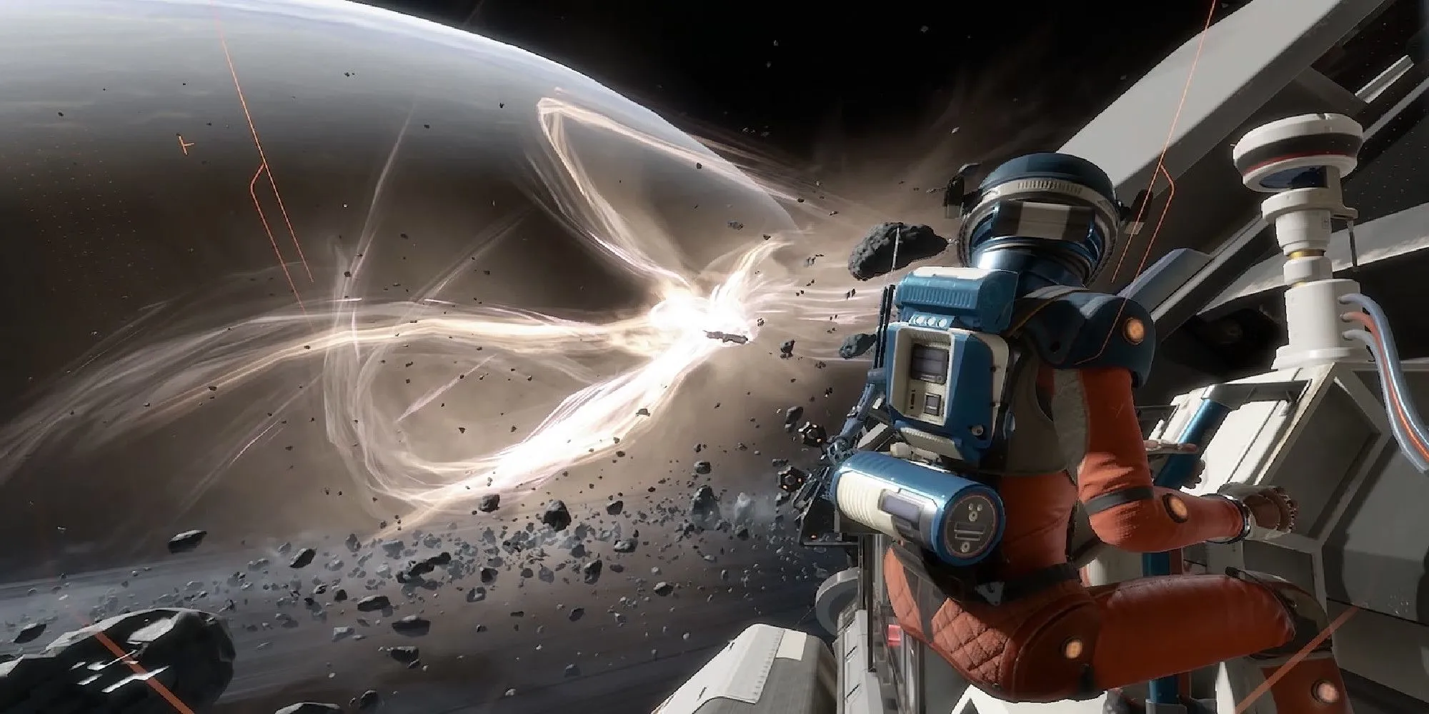 Lone Echo player holing into a space station while looking at asteroid field