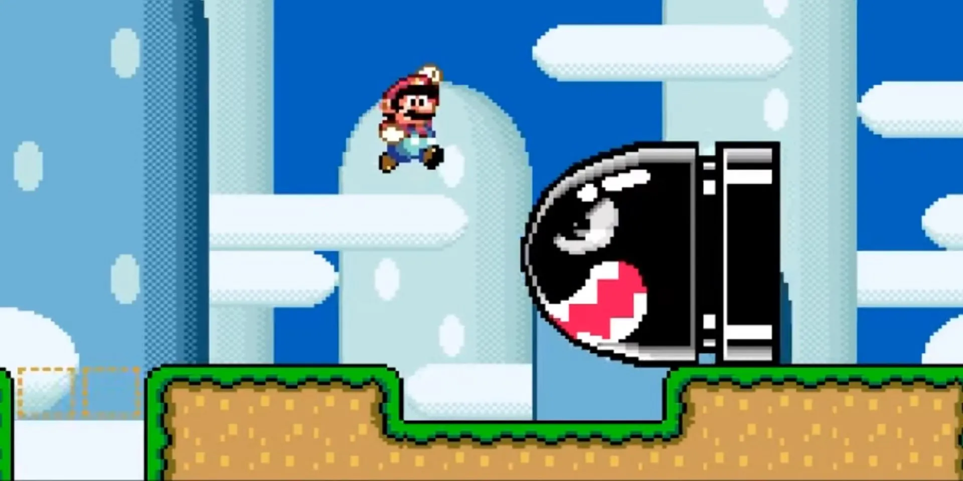 Mario nhảy né viên đạn Banzai Bill trong game platformer Super Mario World trên SNES