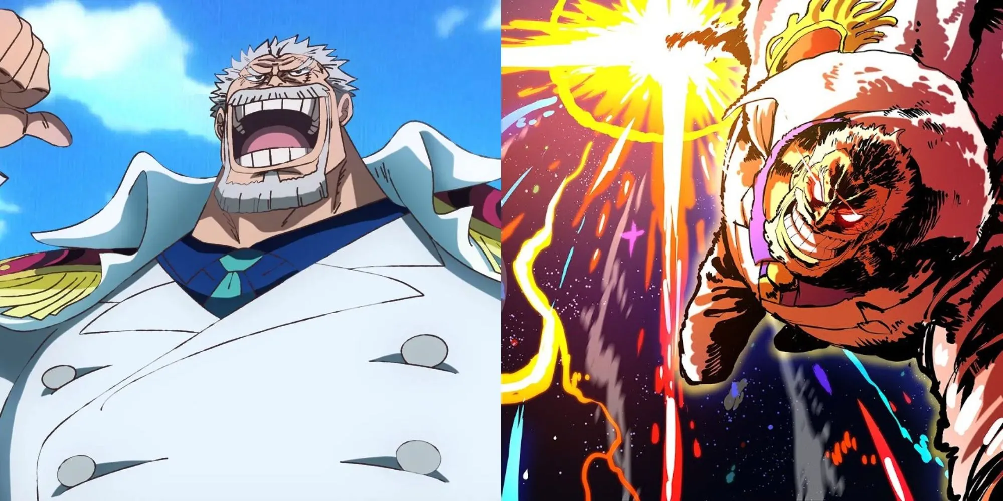 Monkey D. Garp tung chiêu Galaxy Impact, tạo ra một hố lớn, thể hiện sức mạnh Haki vượt trội.