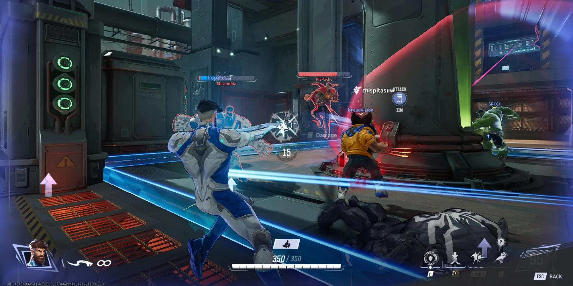 Một cảnh hành động trong game Marvel Rivals với nhiều nhân vật cùng chiến đấu
