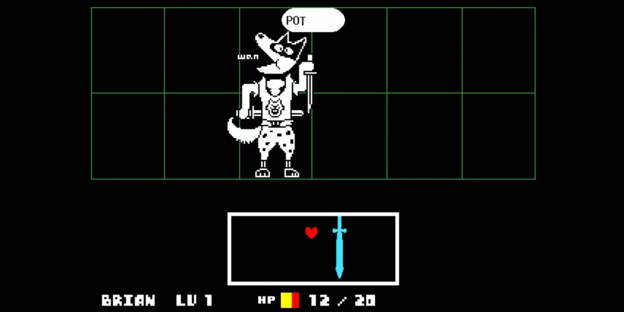 Một chú chó mặc áo ba lỗ cầm dao với bong bóng thoại phía trên đầu trong Undertale