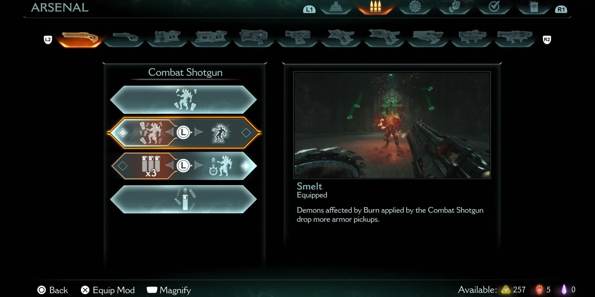 Nâng cấp Smelt giúp tăng hiệu quả của Combat Shotgun trong DOOM The Dark Ages