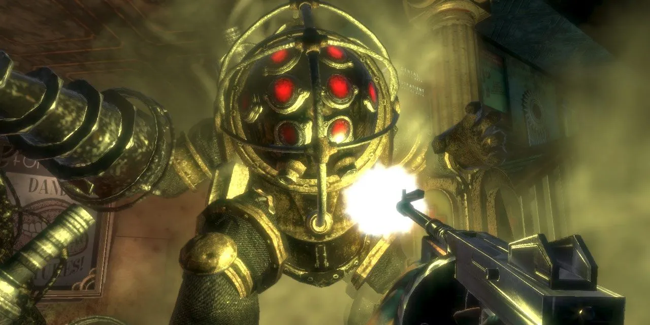 Người chơi chiến đấu với Big Daddy khổng lồ bằng súng Tommy trong BioShock