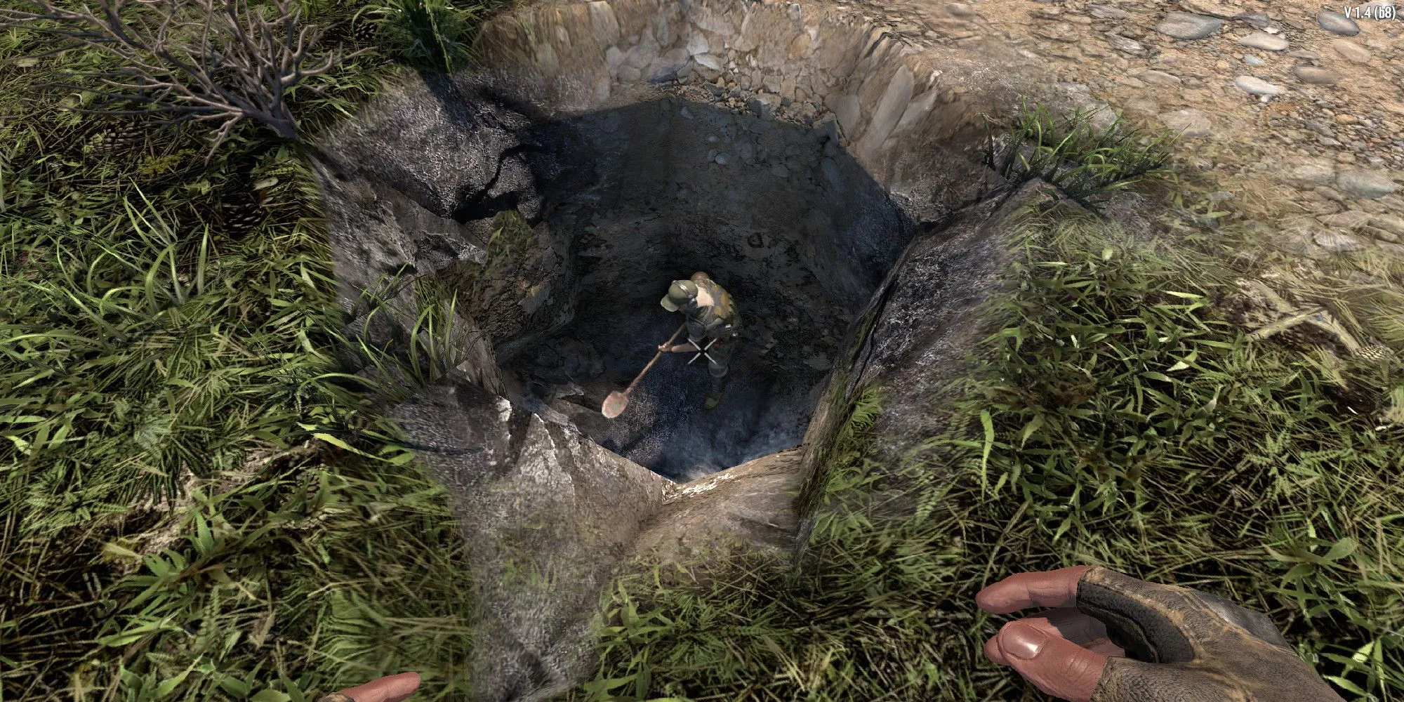 Người chơi đào bới tìm kho báu với perk Thợ Săn Kho Báu trong 7 Days to Die