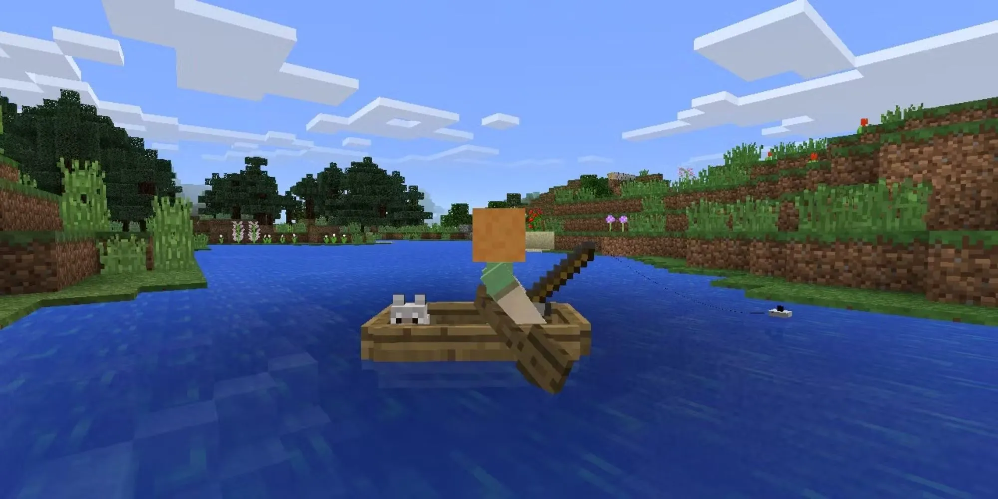 Người chơi Minecraft trên thuyền cùng chú chó