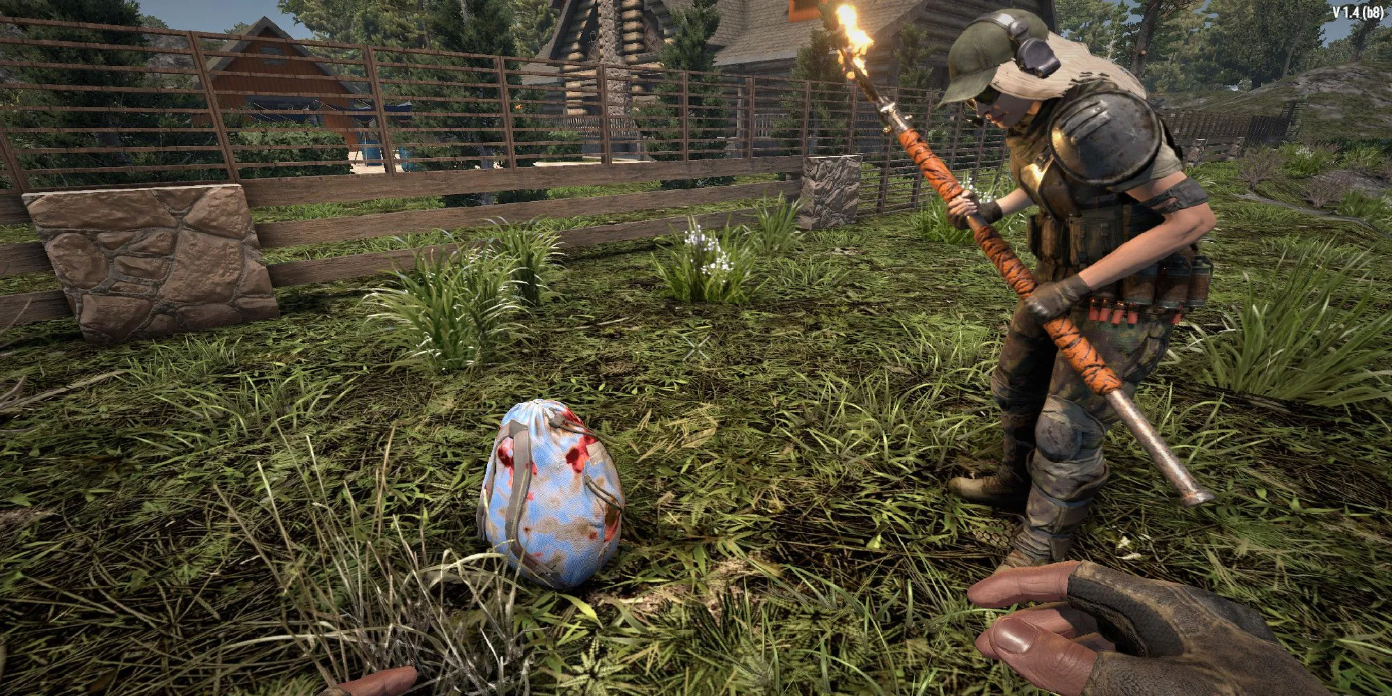 Người chơi nhặt đồ từ túi rơi ra với perk May Mắn Của Kẻ Nhặt Đồ trong 7 Days to Die