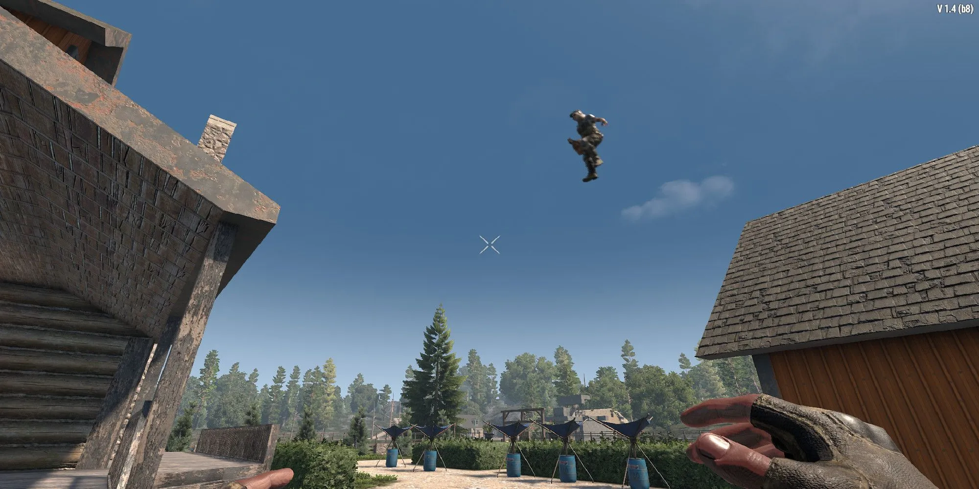 Người chơi nhảy từ mái nhà này sang mái nhà khác với perk Parkour trong 7 Days to Die