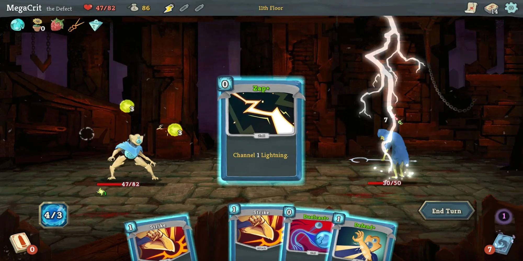 Người chơi sử dụng lá bài &quot;Zap&quot; trong trận chiến của Slay the Spire, minh họa lối chơi xây dựng bộ bài.