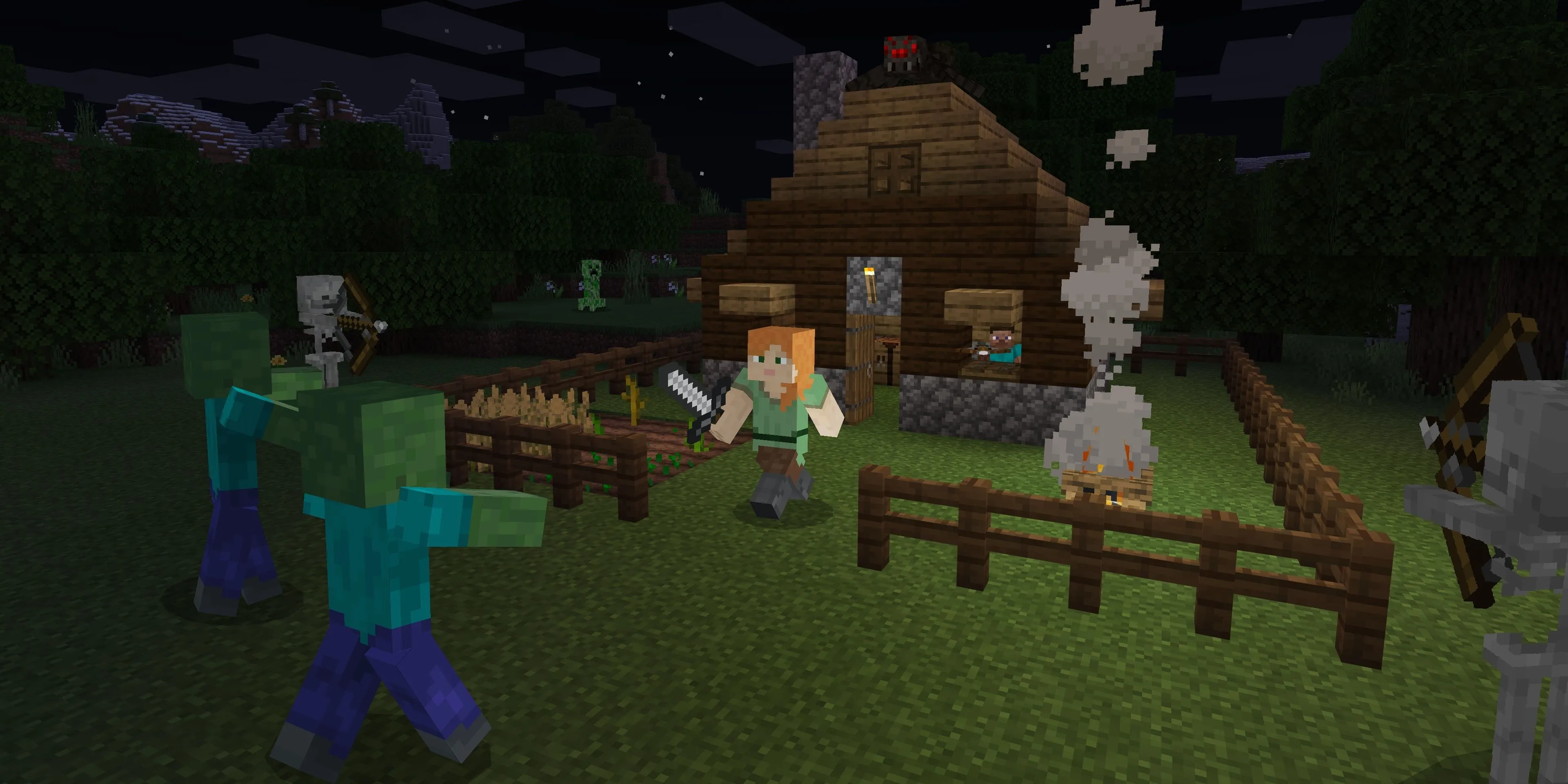 Nhân vật Alex đối mặt với đám quái vật trong đêm ở Minecraft