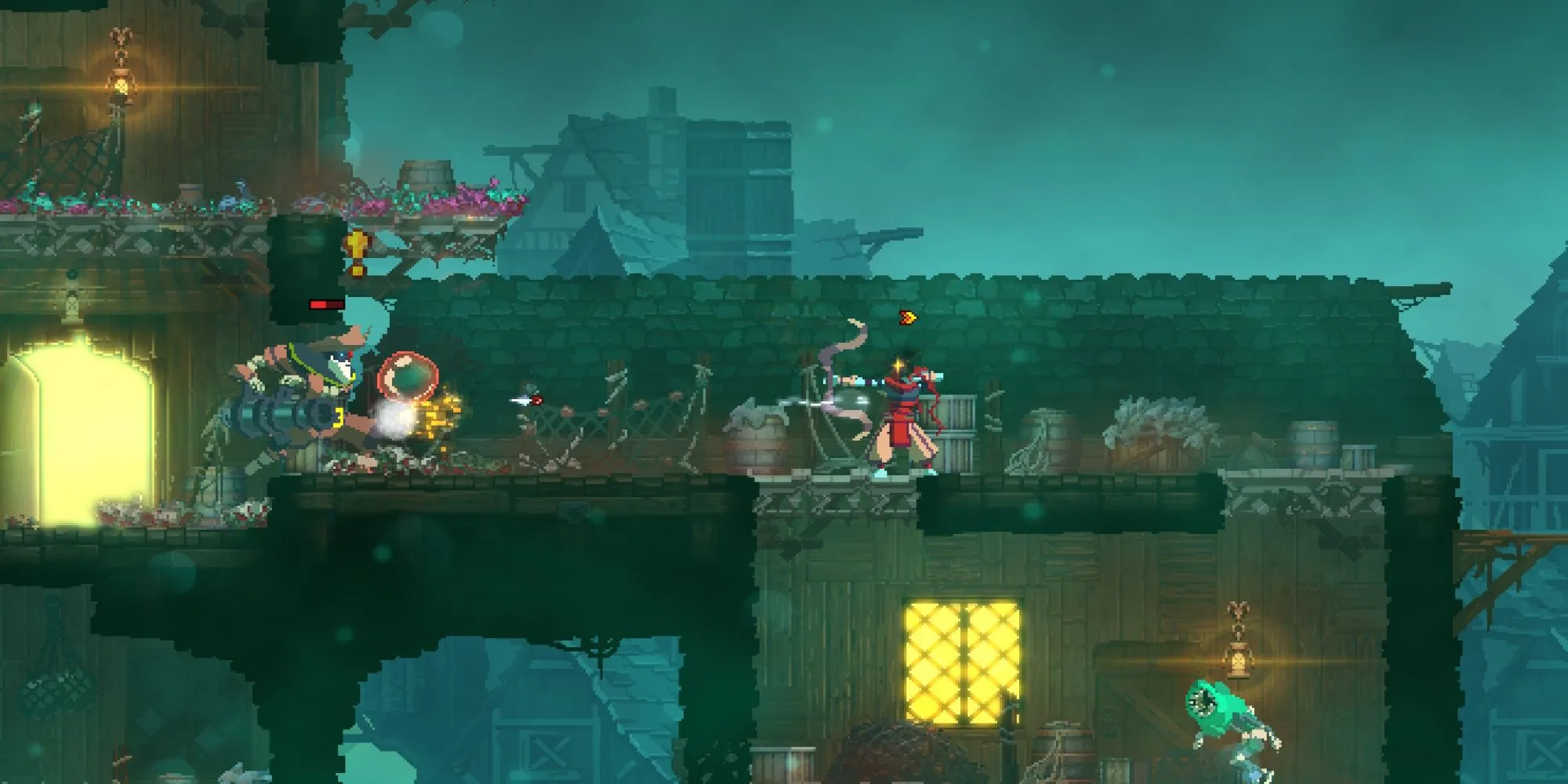 Nhân vật chính của Dead Cells chiến đấu với kẻ thù trong môi trường pixel art chi tiết, thể hiện lối chơi hành động nhanh.
