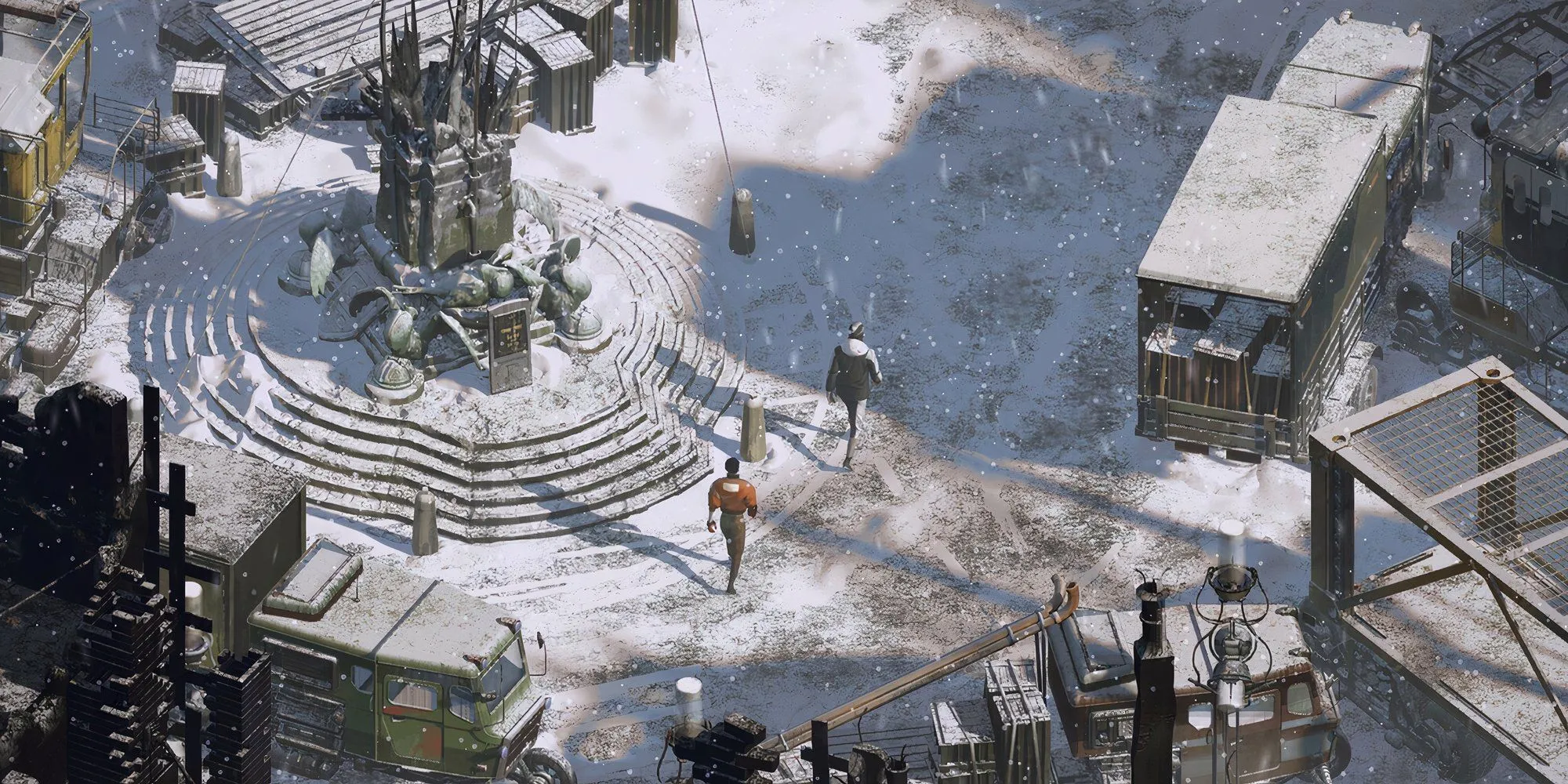 Nhân vật chính của Disco Elysium đi bộ cùng đối tác trong tuyết