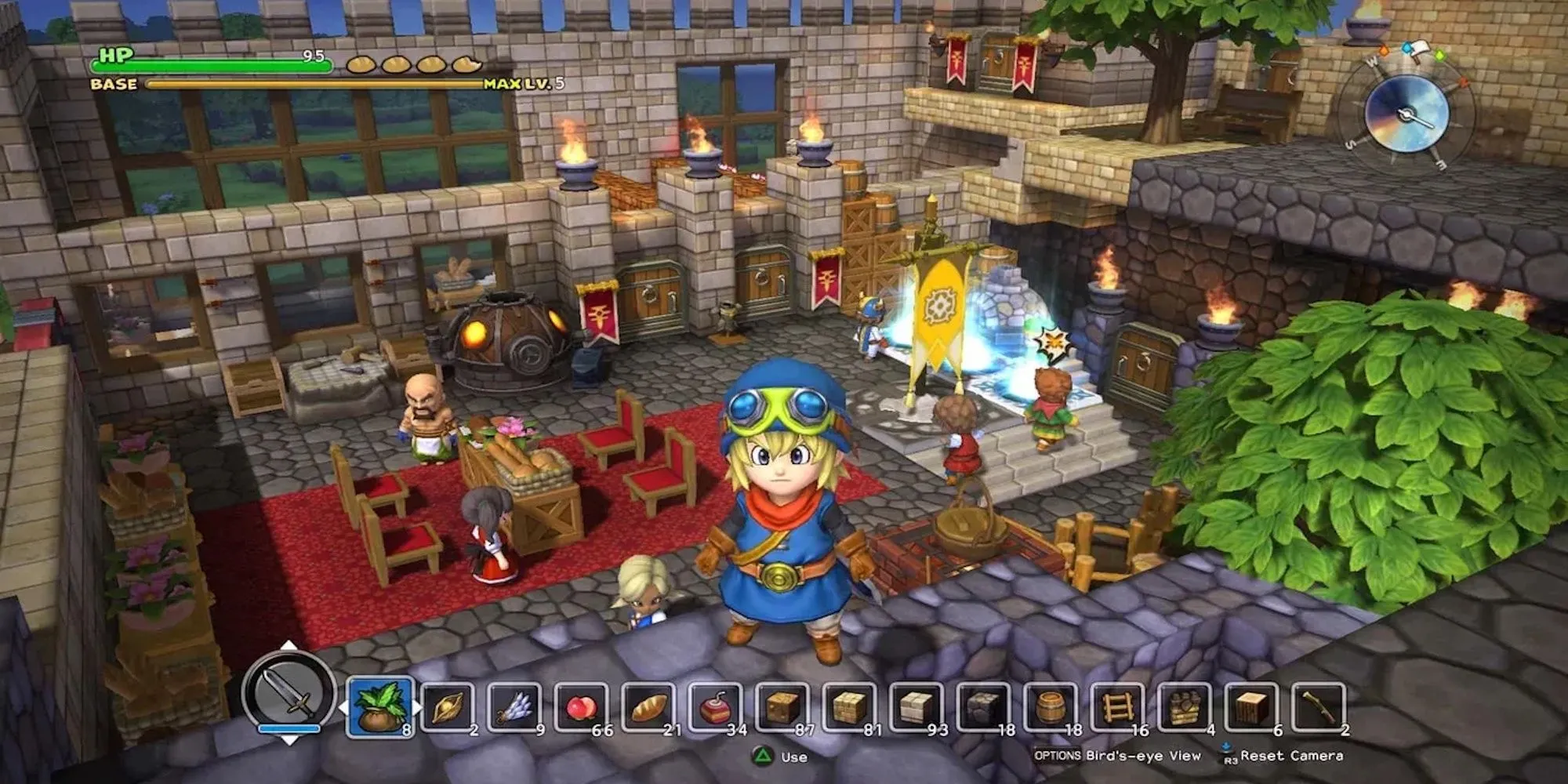 Nhân vật chính đứng trên ngọn núi nhìn xuống ngôi làng trong Dragon Quest Builders 2