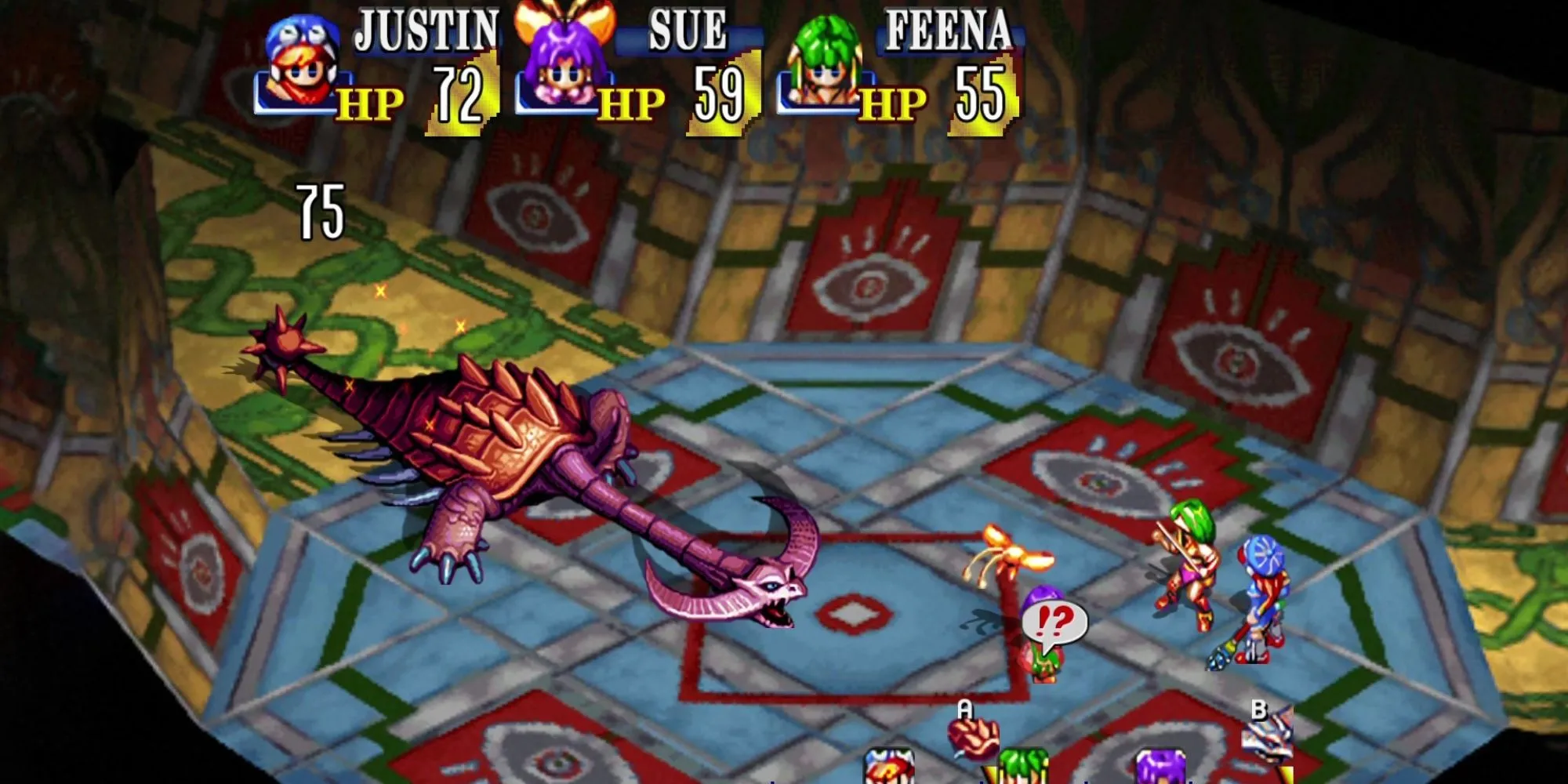 Nhân vật chính Justin và Sue trong một trận chiến theo lượt của game JRPG Grandia trên PS1