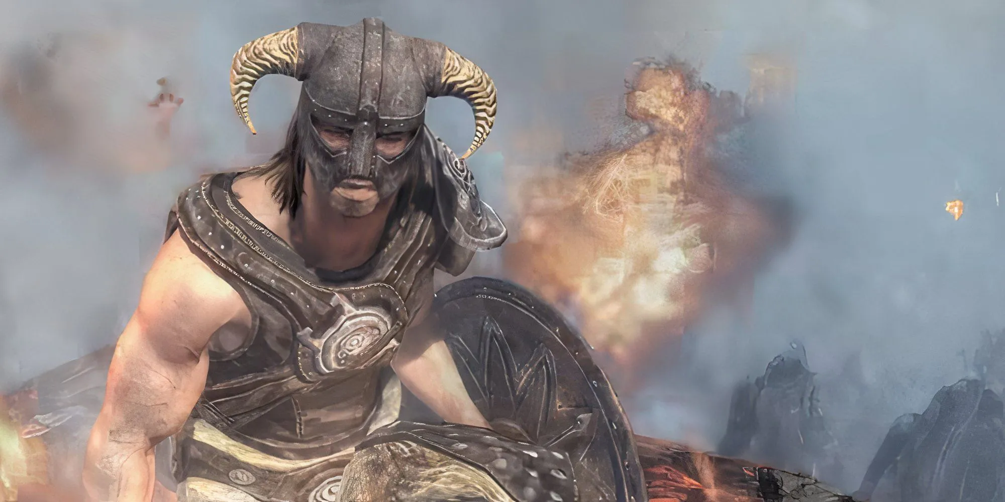 Nhân vật chính The Elder Scrolls V Skyrim ngồi quanh đống lửa ngoài trời