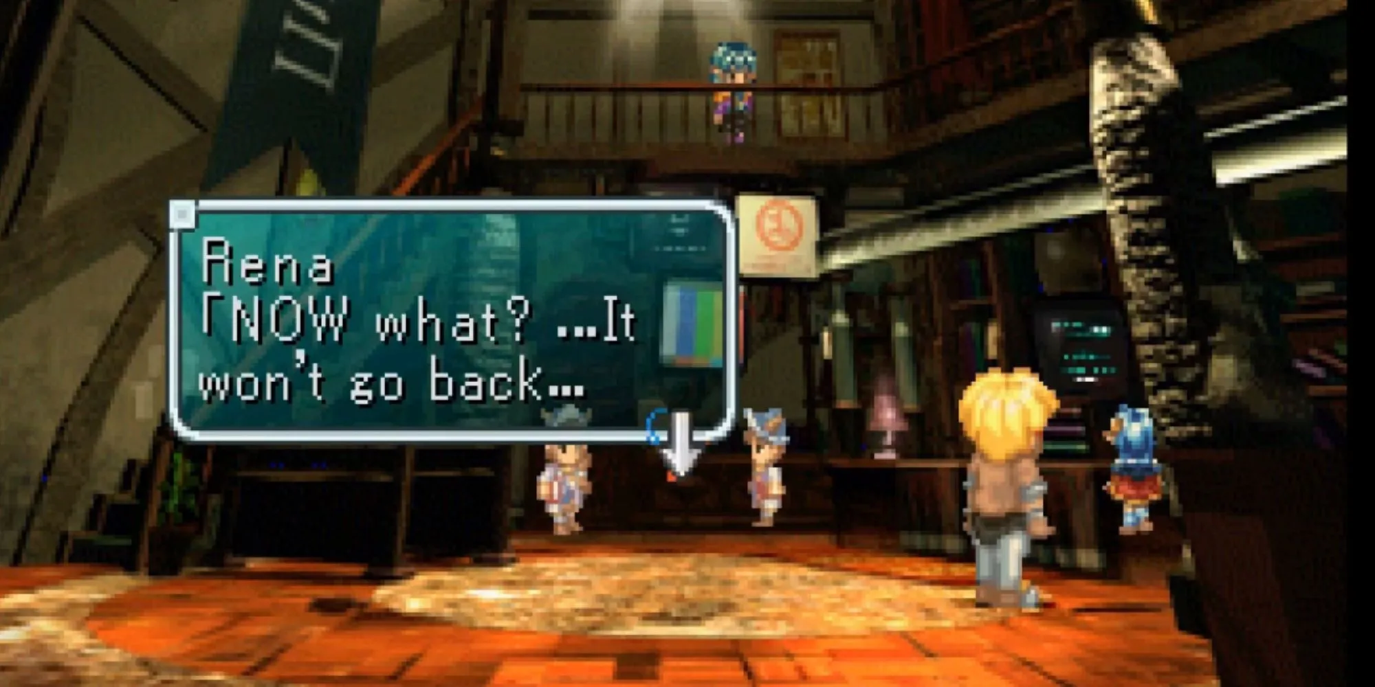 Nhân vật Claude và Rena cùng các thành viên party chiến đấu trong game JRPG Star Ocean The Second Story trên PS1