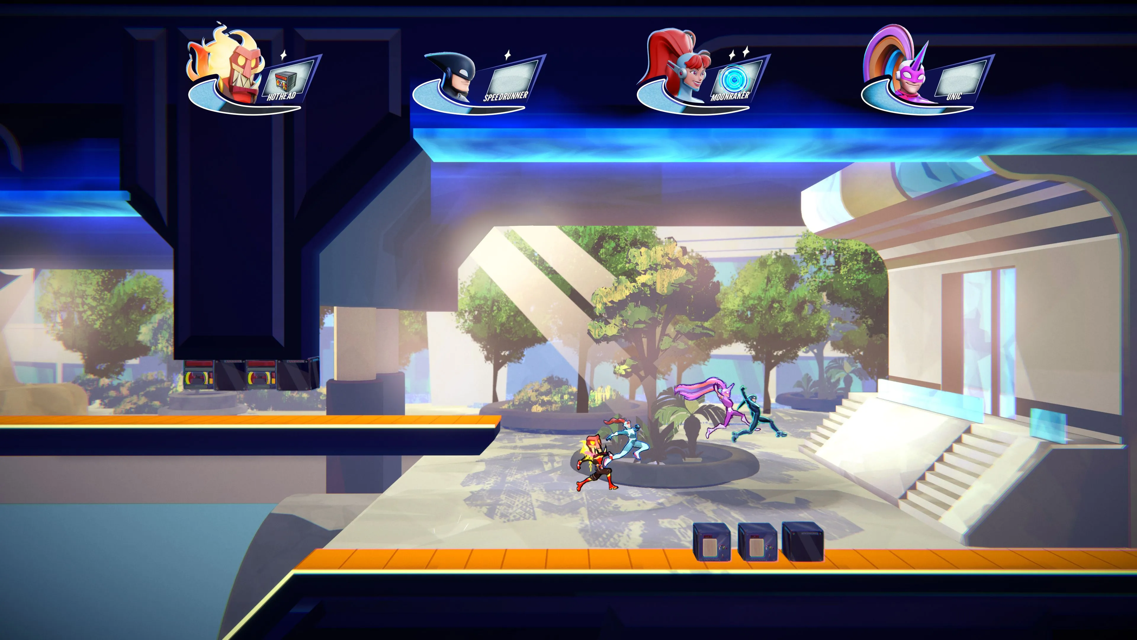 Nhân vật di chuyển tốc độ cao qua chướng ngại vật trong SpeedRunners 2