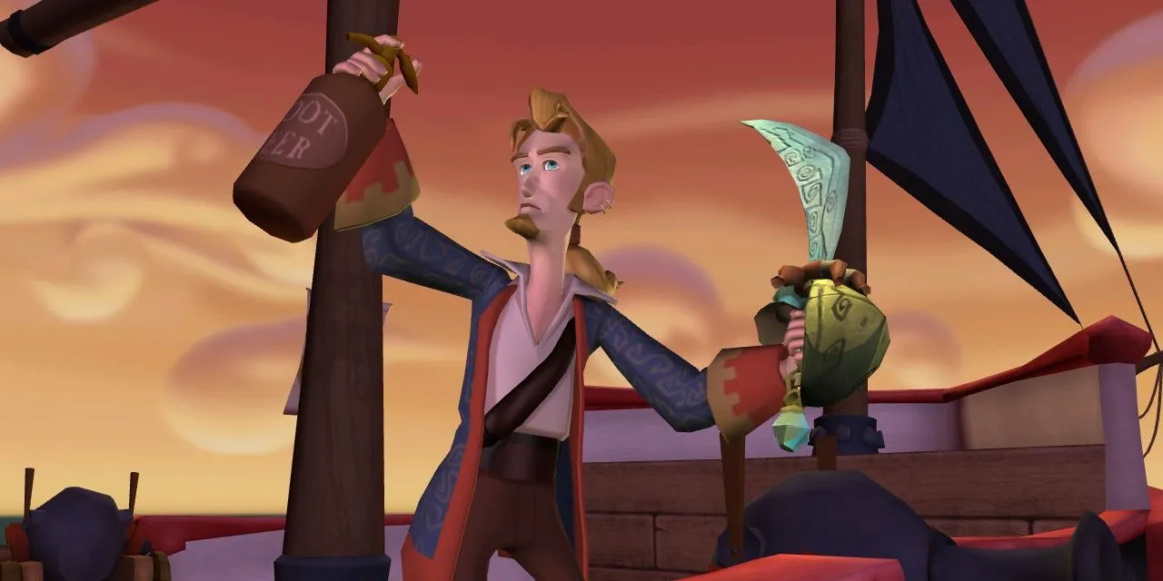 Nhân vật Guybrush với chai bia gốc và thanh kiếm cong trong Tales of Monkey Island