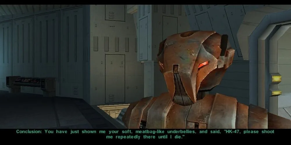 Nhân vật HK-47 trong Star Wars Knights of the Old Republic nói điều gì đó với vẻ mỉa mai