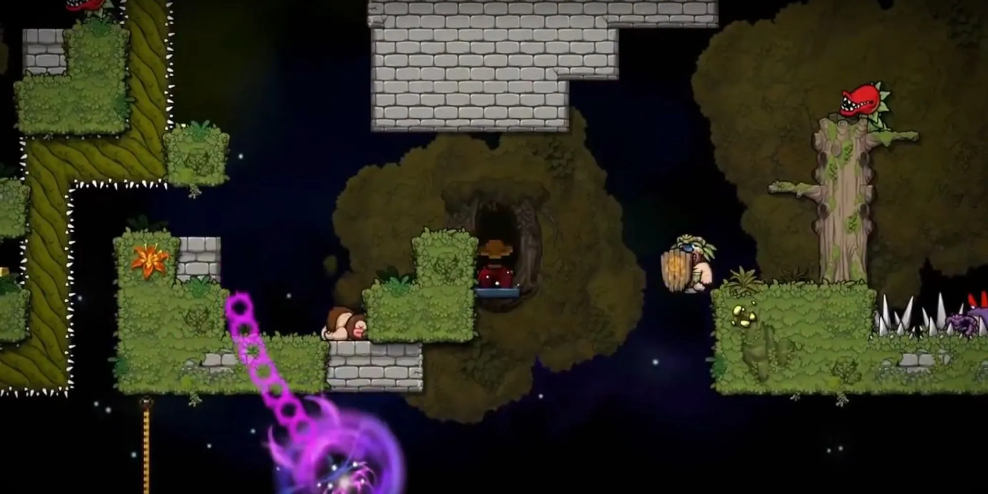 Nhân vật khám phá môi trường ngầm nguy hiểm trong Spelunky 2, minh họa lối chơi đi cảnh đầy cạm bẫy.