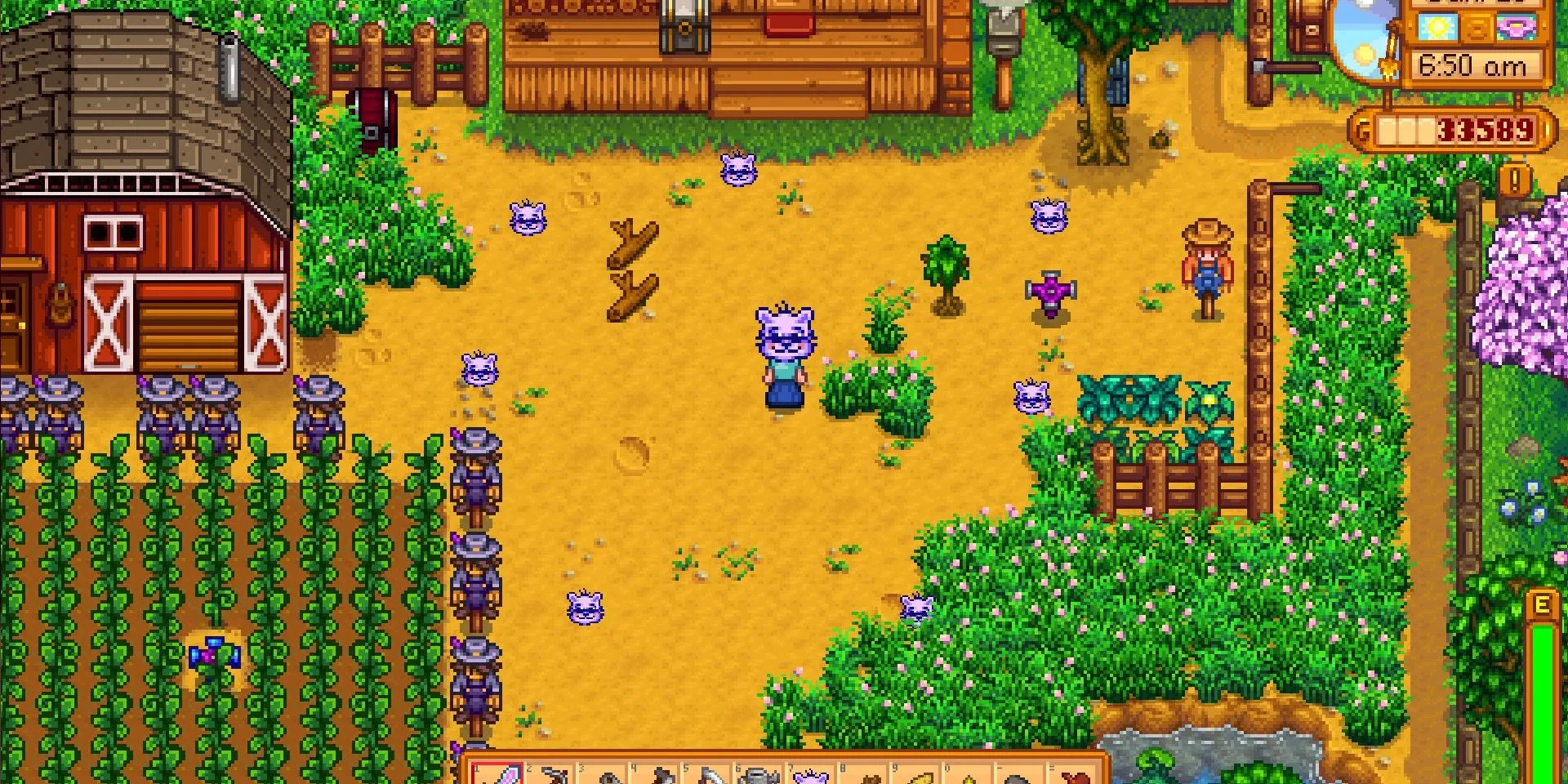 Nhân vật người chơi trong Stardew Valley đang đội chiếc mũ dấu hỏi, xung quanh là nhiều chiếc mũ dấu hỏi khác.