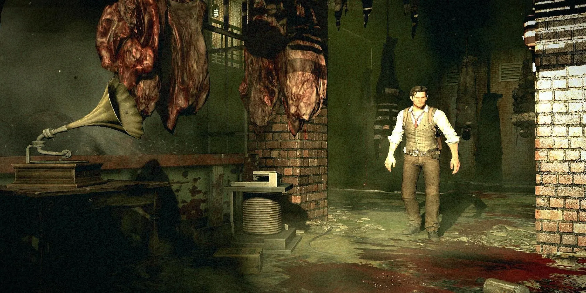 Nhân vật Sebastian đi qua một khu vực đáng sợ trong The Evil Within, thể hiện không khí u ám của game