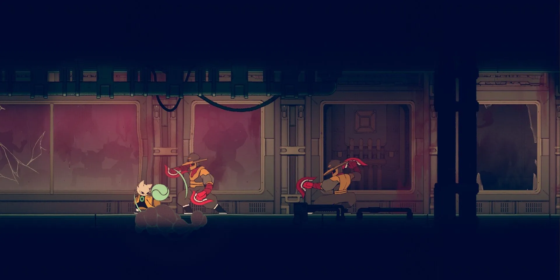 Nhân vật Yi đỡ đòn tấn công trong game Nine Sols với phong cách đồ họa vẽ tay