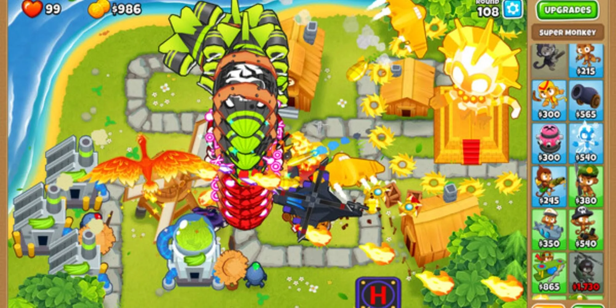 Nhiều quả bóng bay (Bloons) bị tấn công bởi các tháp phòng thủ khỉ trong game Bloons TD 6