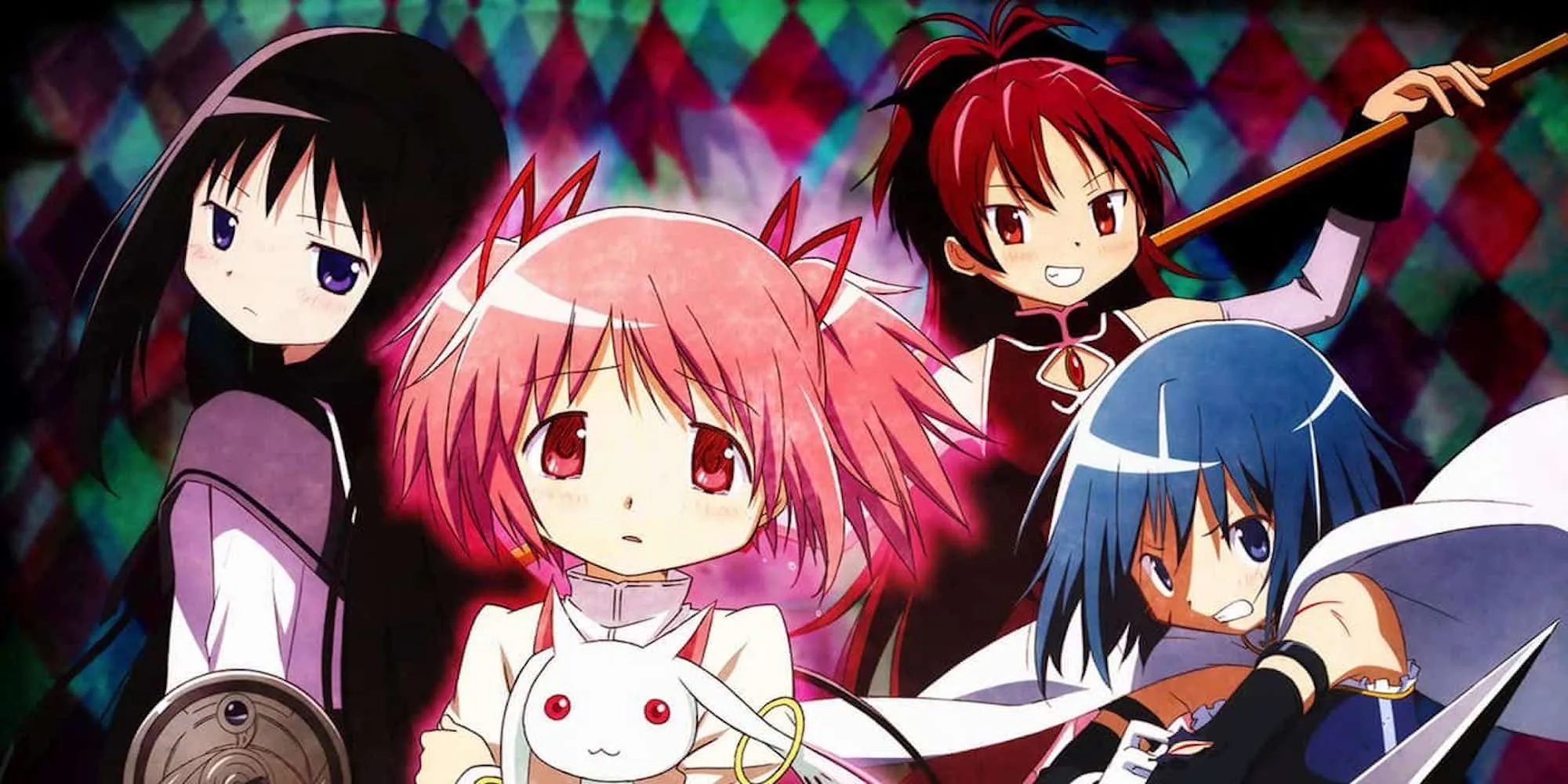 Nhóm Madoka, Homura, Sayaka, và Kyoko trong poster Puella Magi Madoka Magica