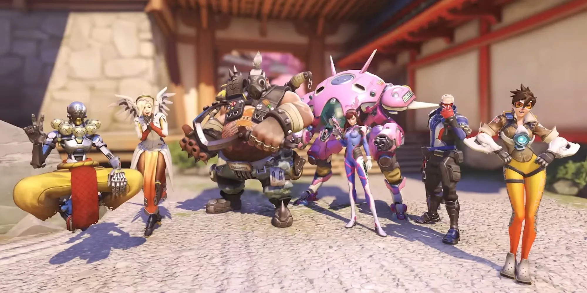 Nhóm nhân vật Overwatch cổ điển bao gồm Zenyatta, Mercy, Roadhog, D.Va, Soldier 76 và Tracer