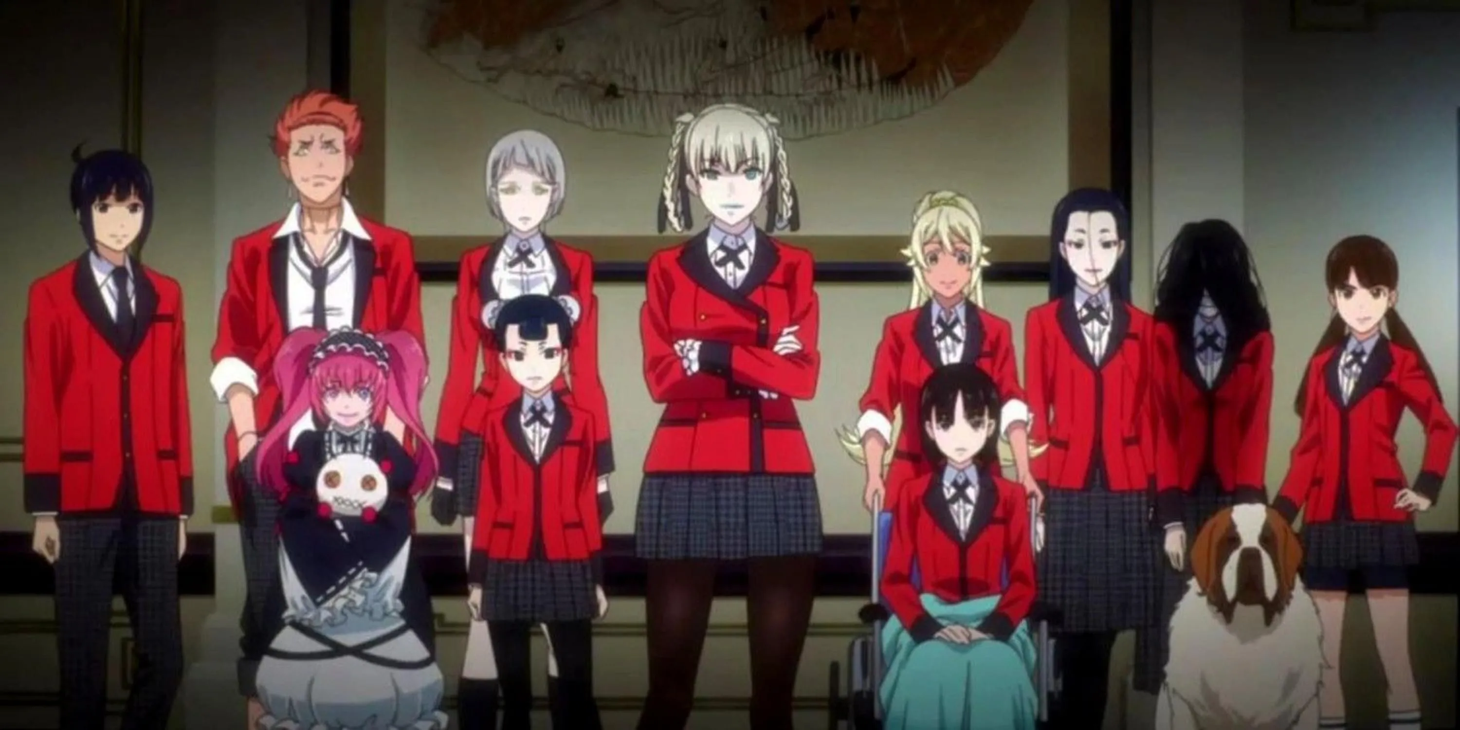 Nữ chính Yumeko Jabami với biểu cảm cuồng loạn trong một ván bài cân não trong anime Kakegurui, hấp dẫn game thủ yêu thích game bài chiến thuật.