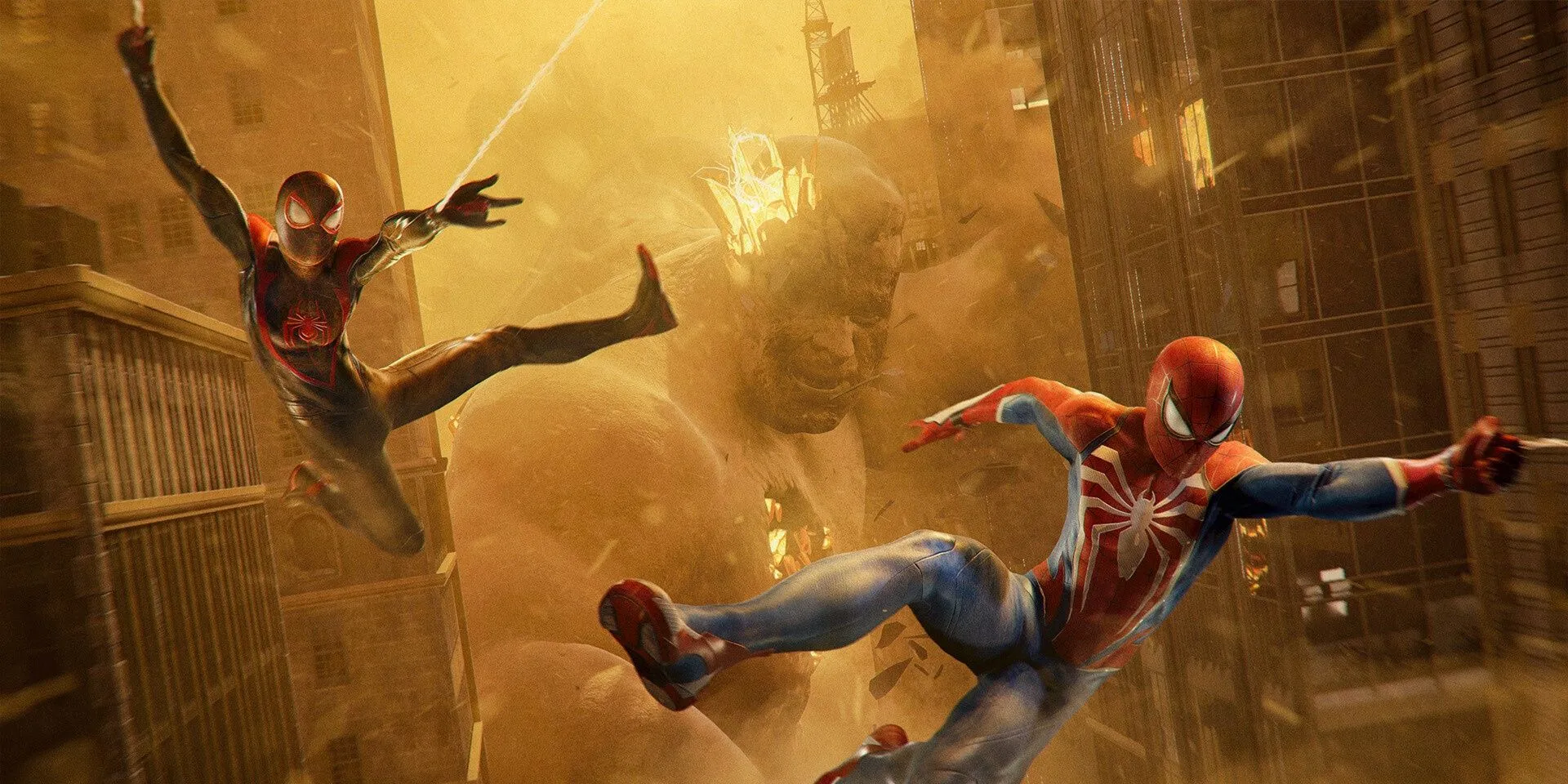 Peter Parker và Miles Morales đu tơ thoát khỏi Sandman trong Marvel's Spider-Man 2
