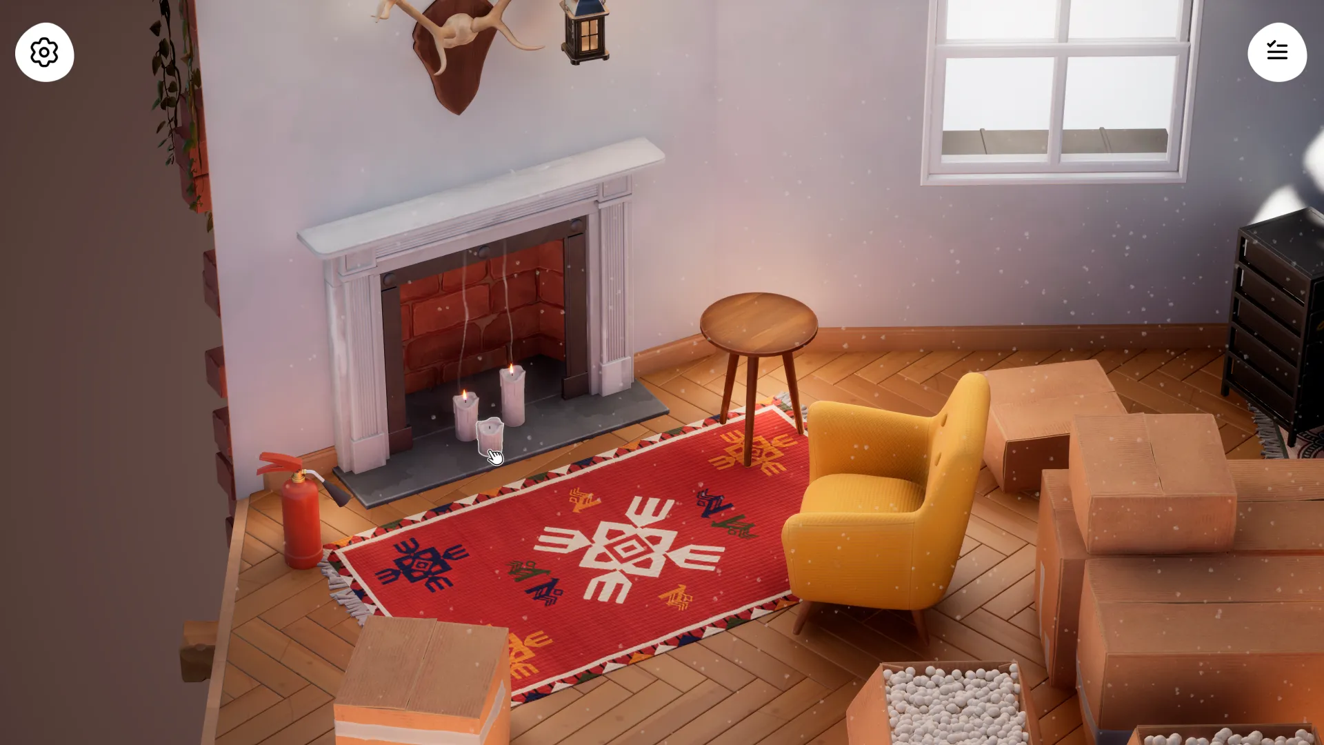 Phòng khách ấm cúng trong game Hozy