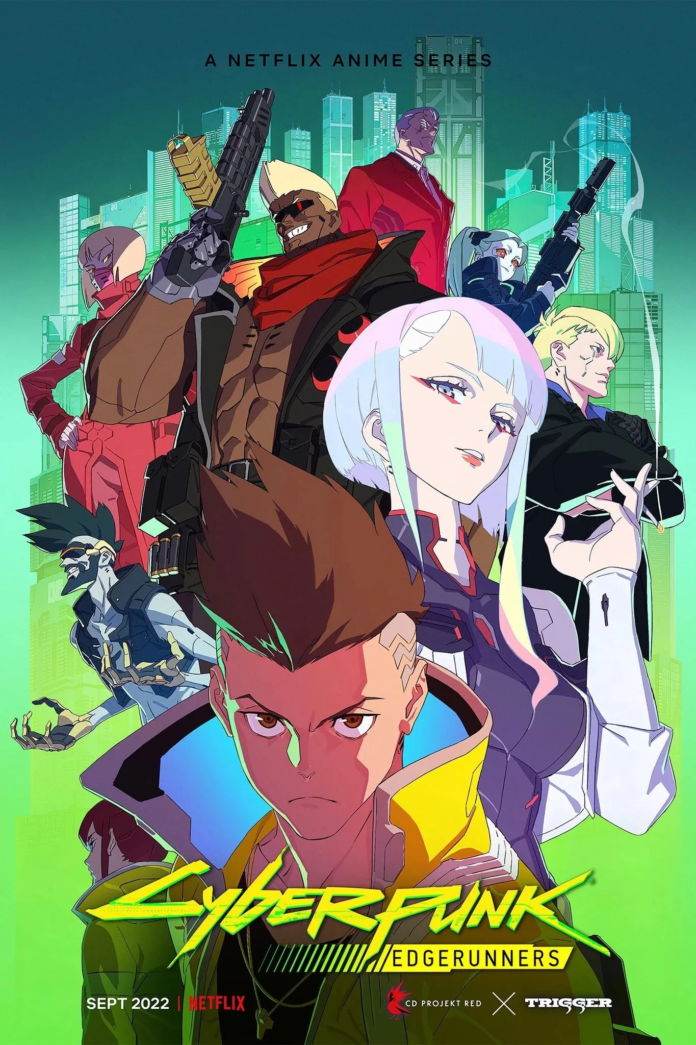 Poster chính thức của anime Cyberpunk Edgerunners, thể hiện phong cách hình ảnh đặc trưng của Studio Trigger