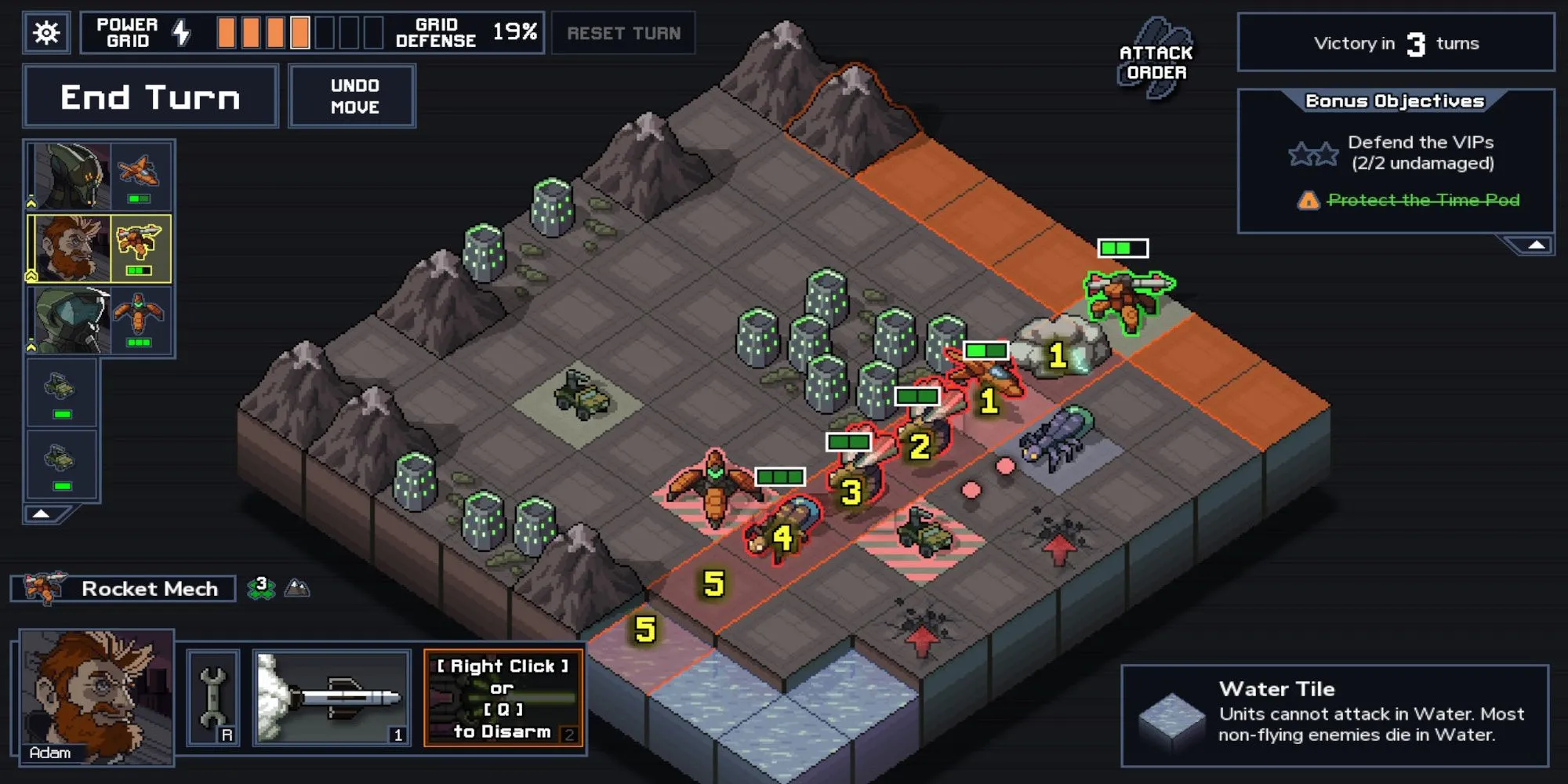 Robot chiến đấu trên bản đồ lưới trong Into the Breach, minh họa lối chơi chiến thuật theo lượt.