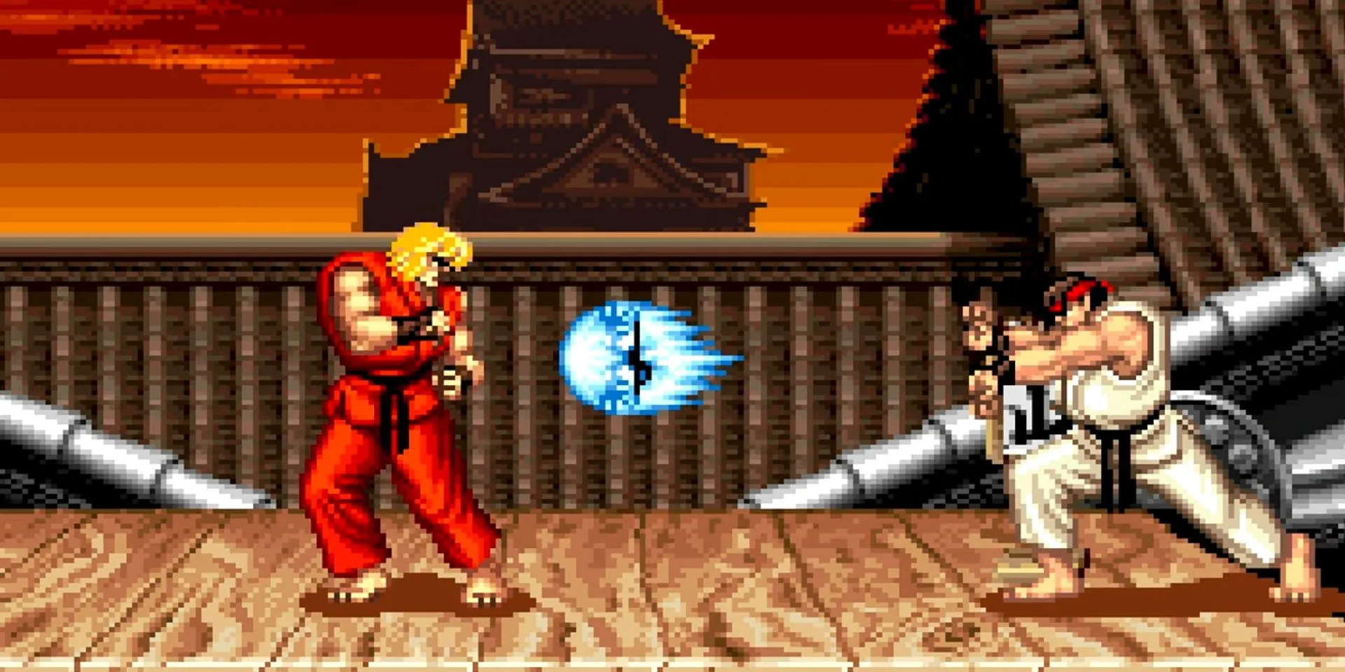 Ryu thực hiện chiêu thức Hadouken huyền thoại trong game đối kháng Street Fighter 2 trên SNES