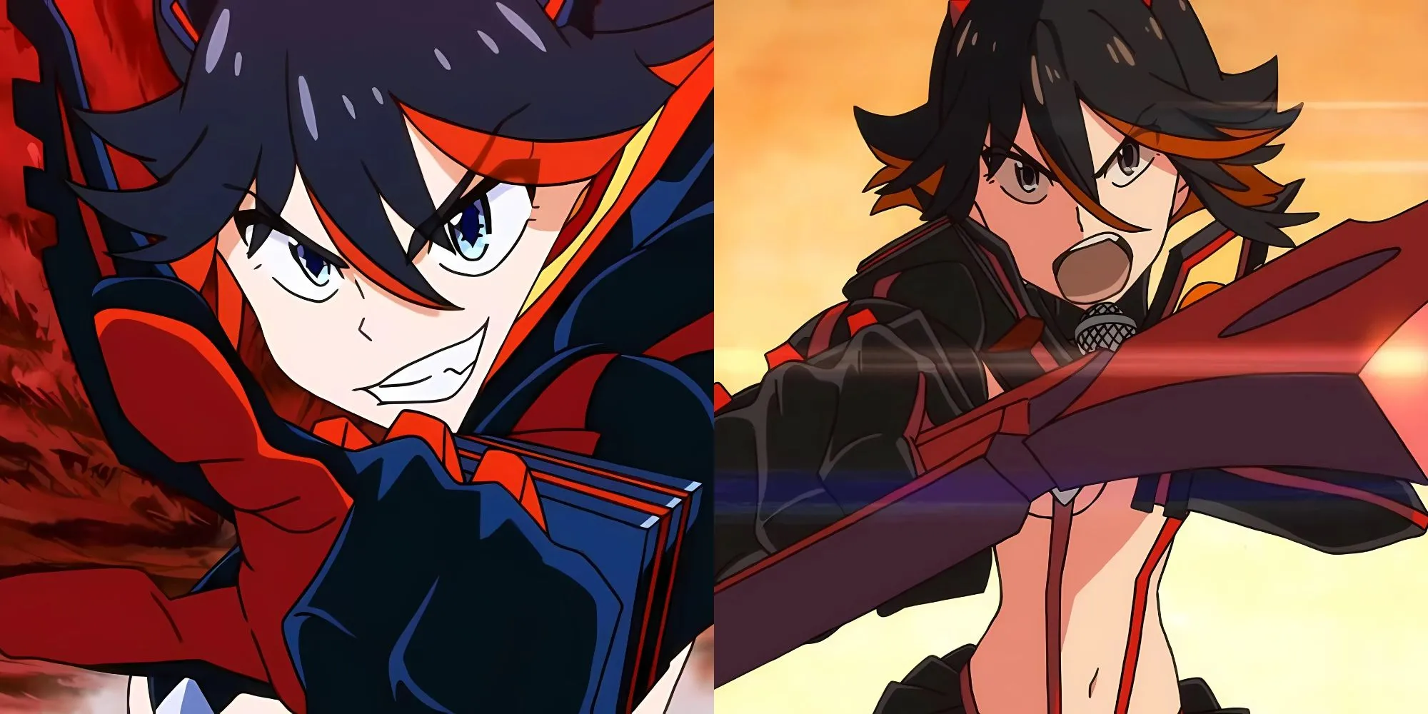 Ryuko Matoi cầm nửa lưỡi kéo đỏ đứng giữa thành phố