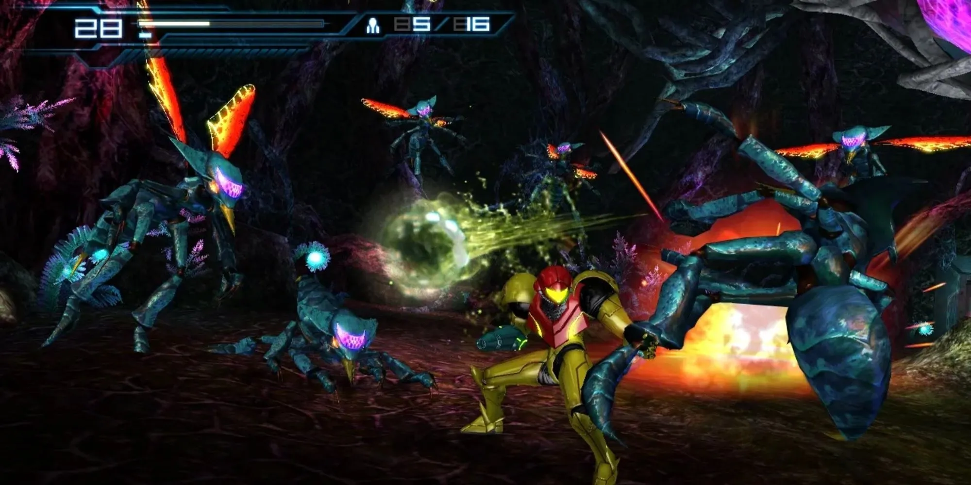 Samus Aran đối mặt với quái vật trong Metroid Other M trên Wii