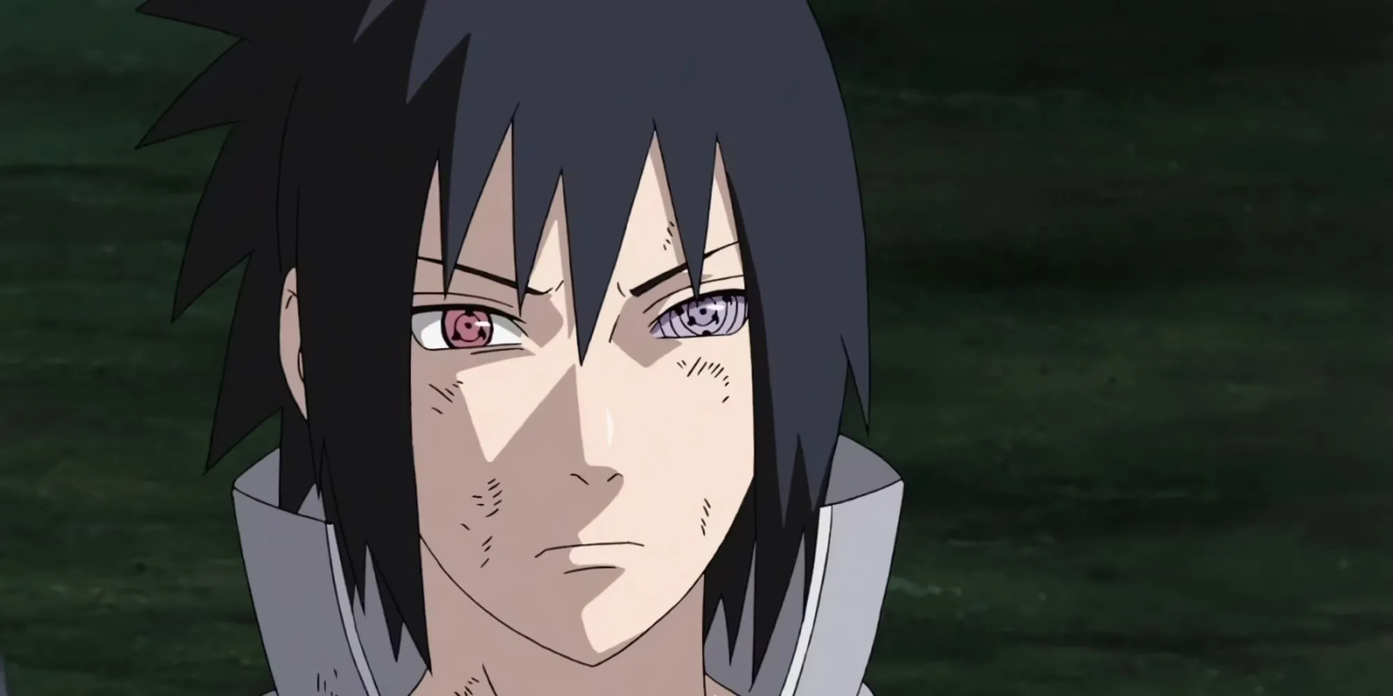 Sasuke từ Naruto với Sharingan và Rinnegan, thể hiện sự mạnh mẽ và phức tạp