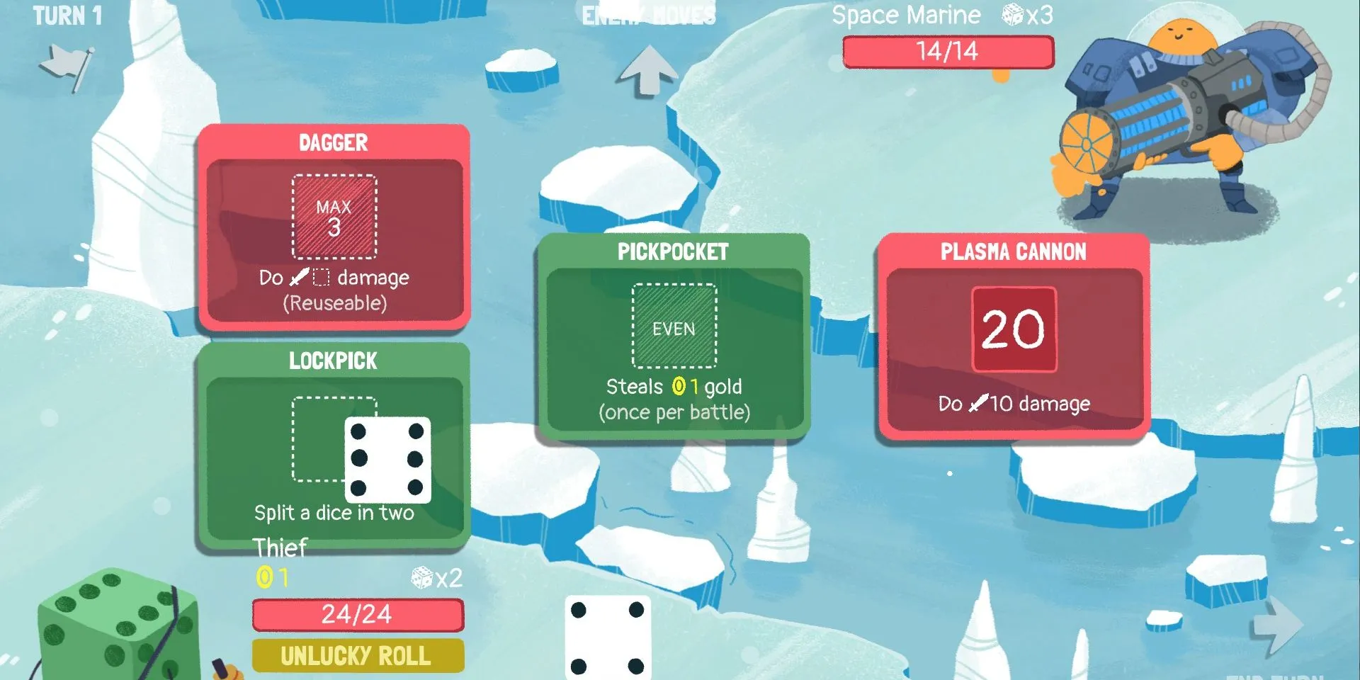 Screenshot của Dicey Dungeons, giới thiệu nhân vật Thief